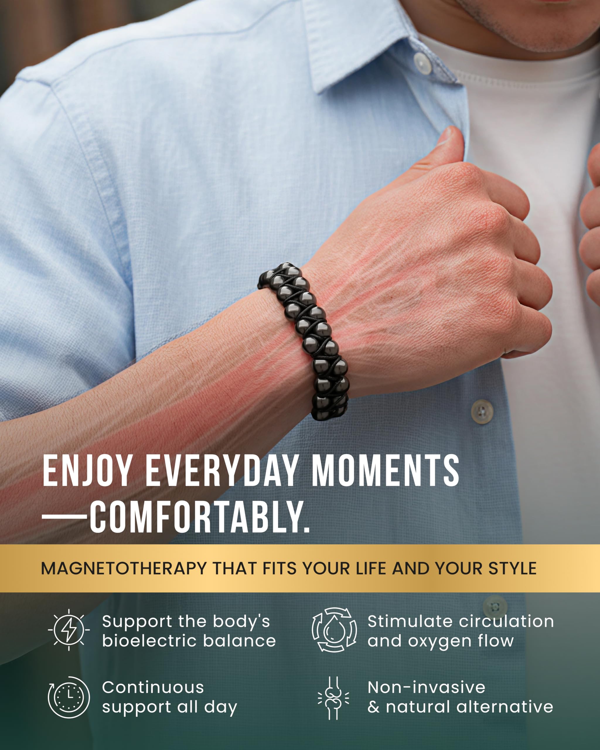 Bracelet MagnetRX hématite, fermeture inox et taille ajustable pour tous les poignets.