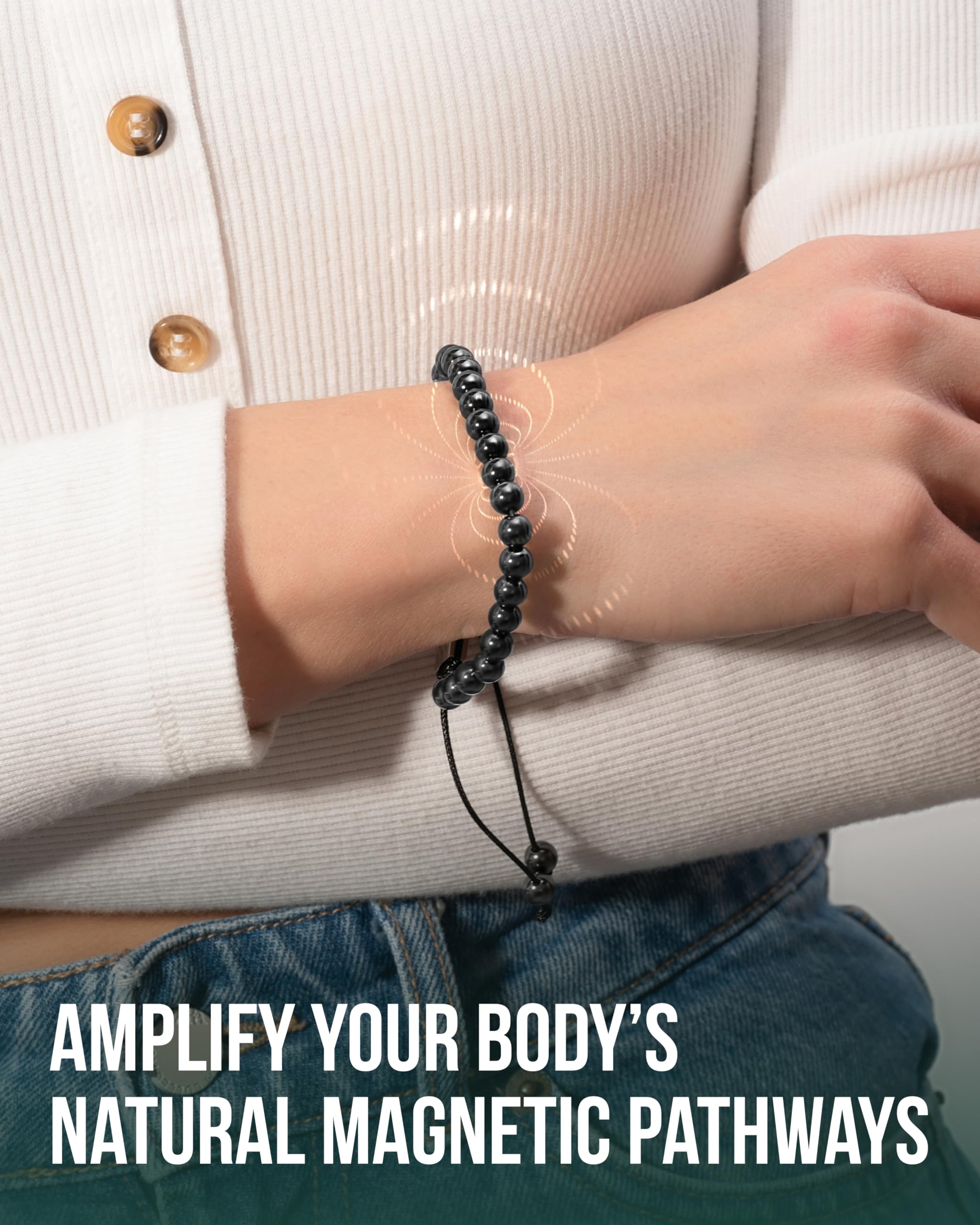 Bracelet MagnetRX hematite ajustable porté sur poignet élégant.
