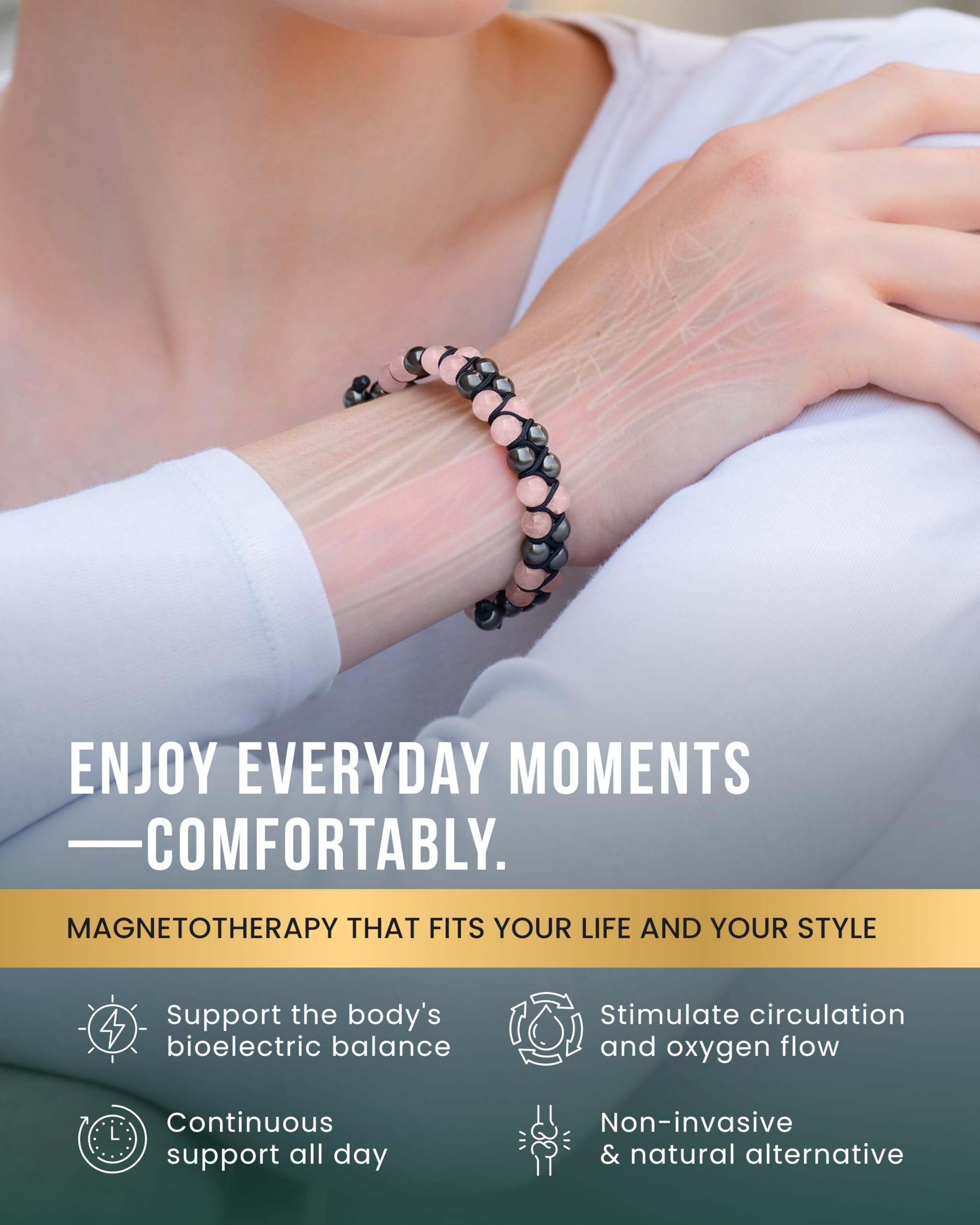 Bracelet MagnetRX hématite et quartz rose, fermeture inox robuste pour une tenue durable.