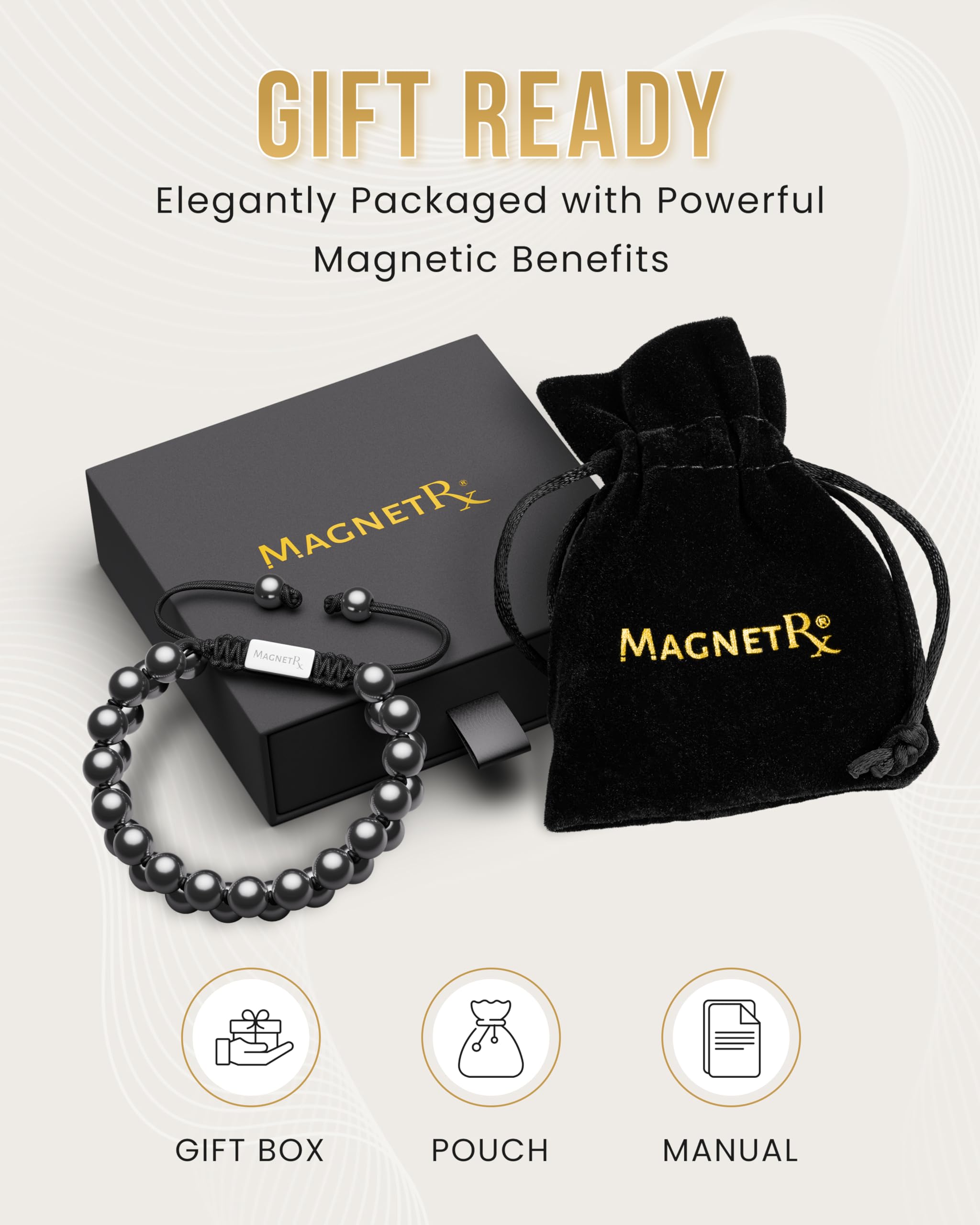 Détail raffiné: perles 8 mm et charm inox sur bracelet MagnetRX.