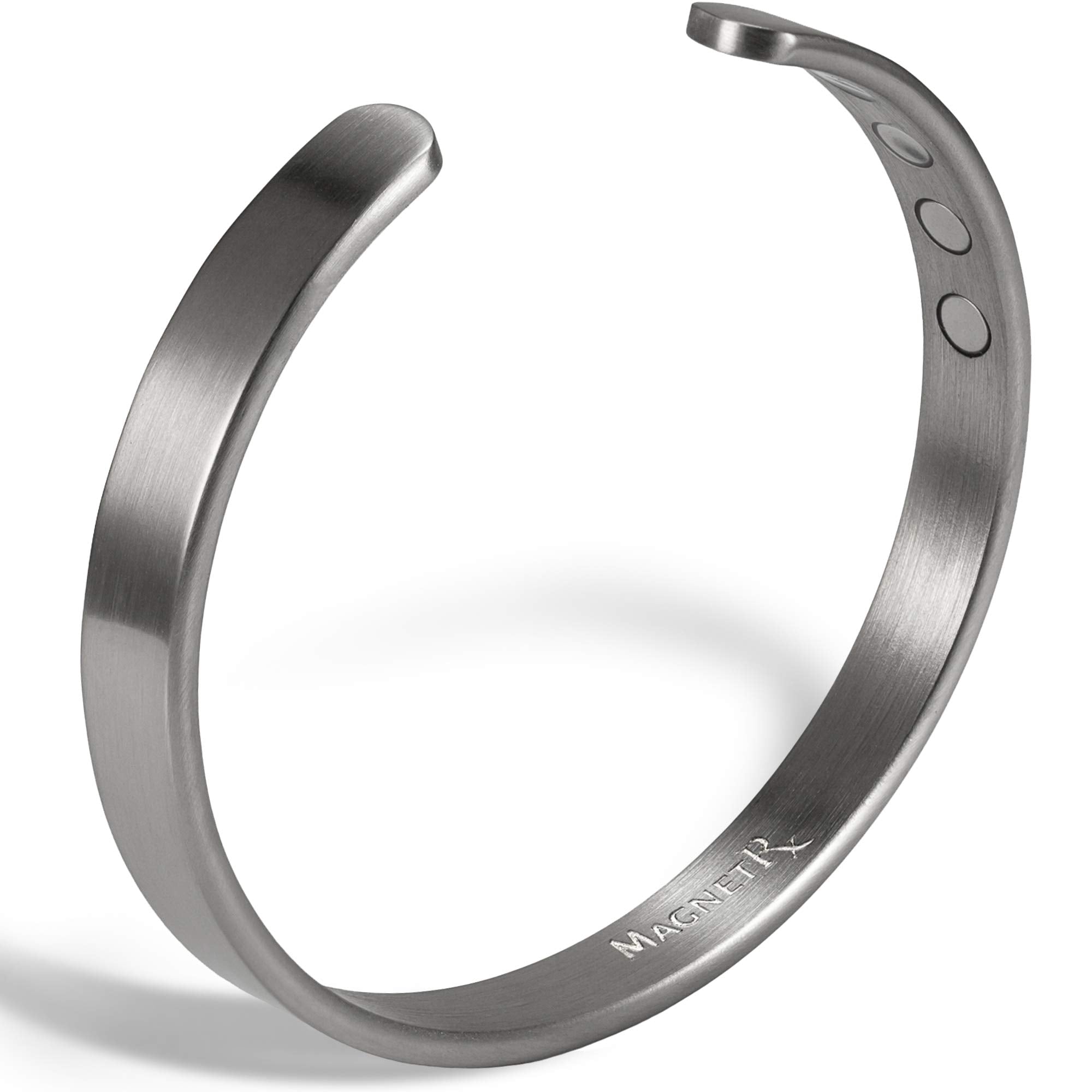 Bracelet magnétique MagnetRX en argent brossé, hypoallergénique et élégant pour un usage quotidien.