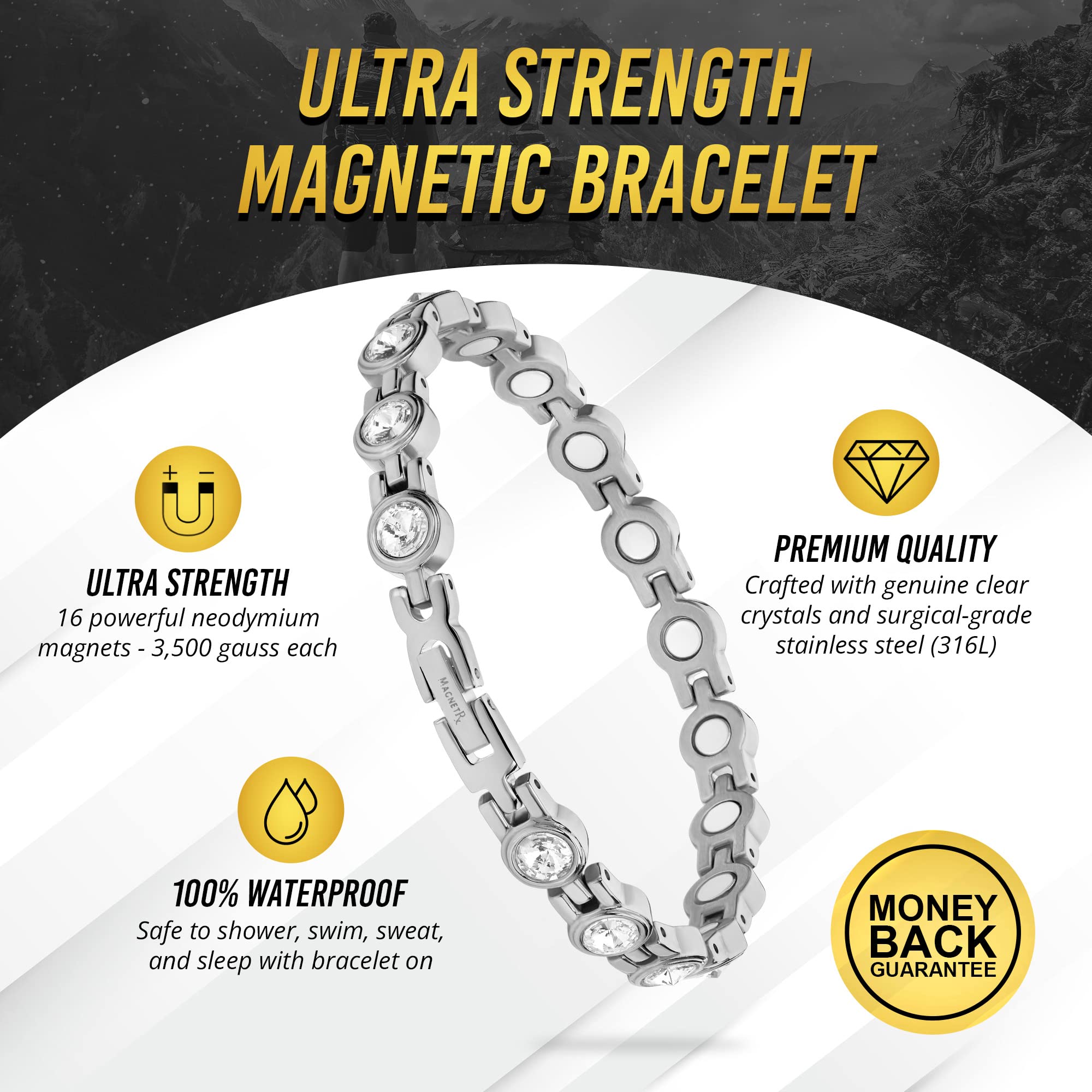 MagnetRX bracelet argenté avec cristaux, éclat subtile pour occasions professionnelles et décontractées.