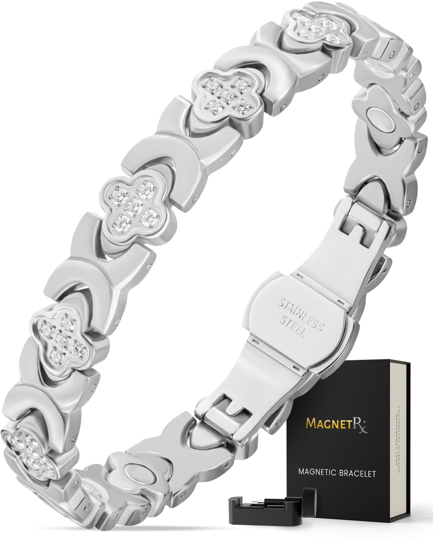 Bracelet Magnétique MagnetRX pour femmes avec motif trèfle et cristaux scintillants.