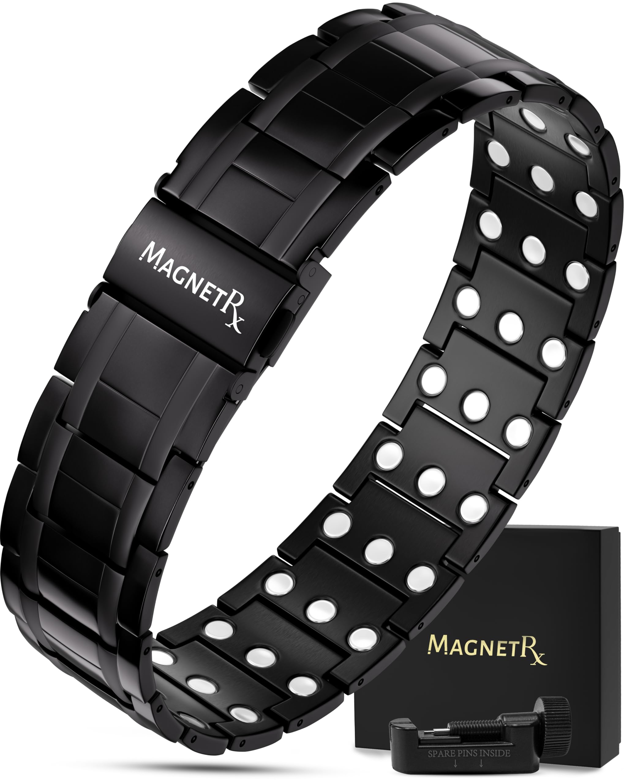 Bracelet MagnetRX magnétique en titane porté au poignet, allure élégante et robuste.