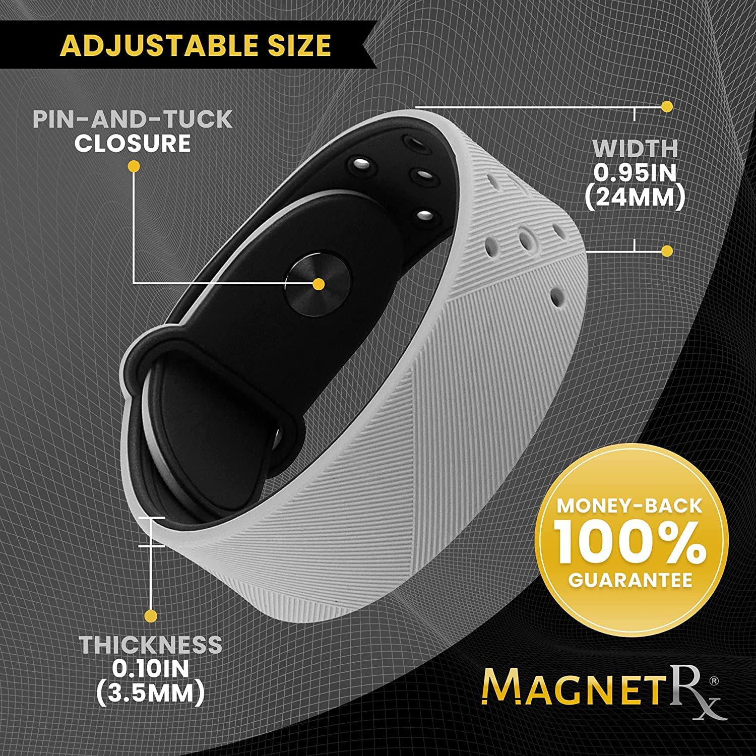Bracelet MagnetRX sport hygiene silicone hypoallergenique gris XL pour peaux sensibles.