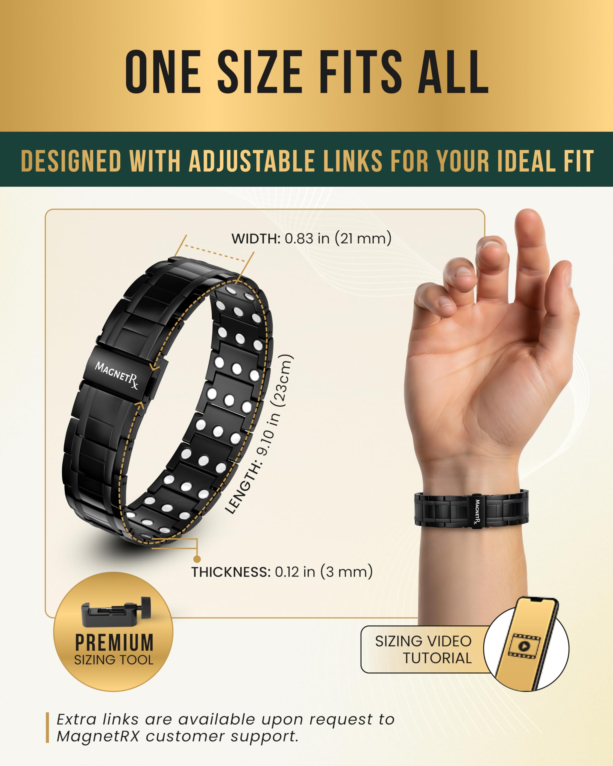 Bracelet MagnetRX mode d’emploi inclus pour entretien et ajustement.
