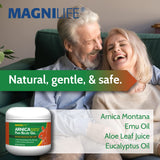 MagniLife Arnica Gel: ingrédients-naturels et huile d’émeu, formulation douce pour la peau.