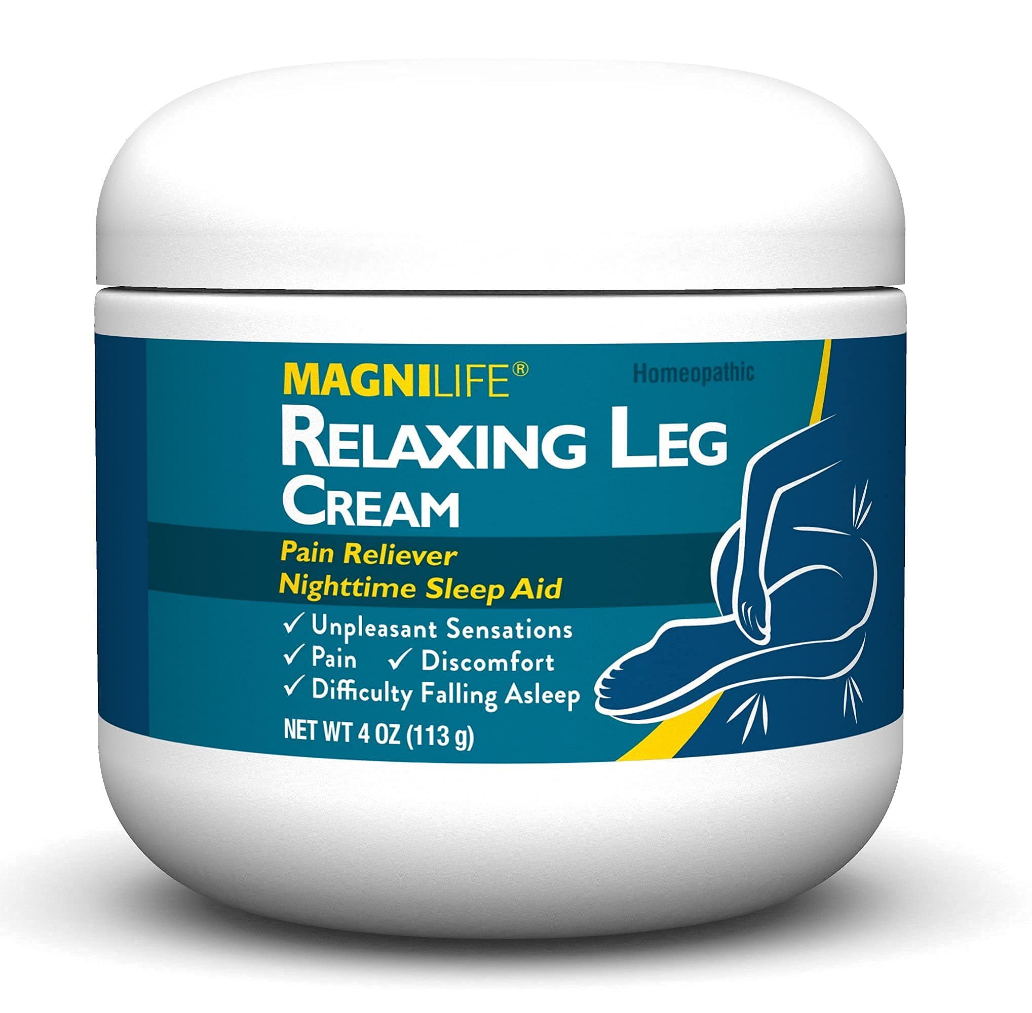 MagniLife Crème Jambes Relaxante—bocal 120 ml prêt pour une application nocturne.