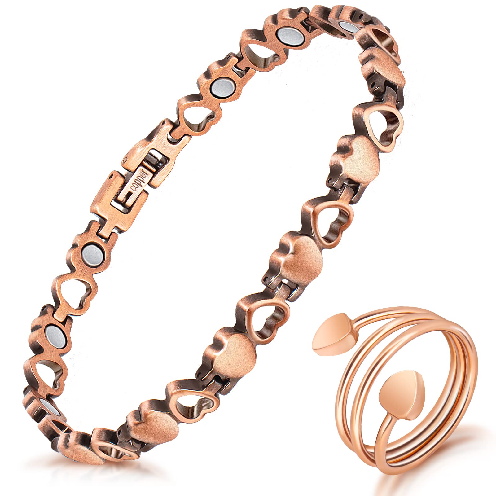 Bracelet Mahnco en cuivre magnétique porté au poignet, élégance discrète pour un style quotidien.