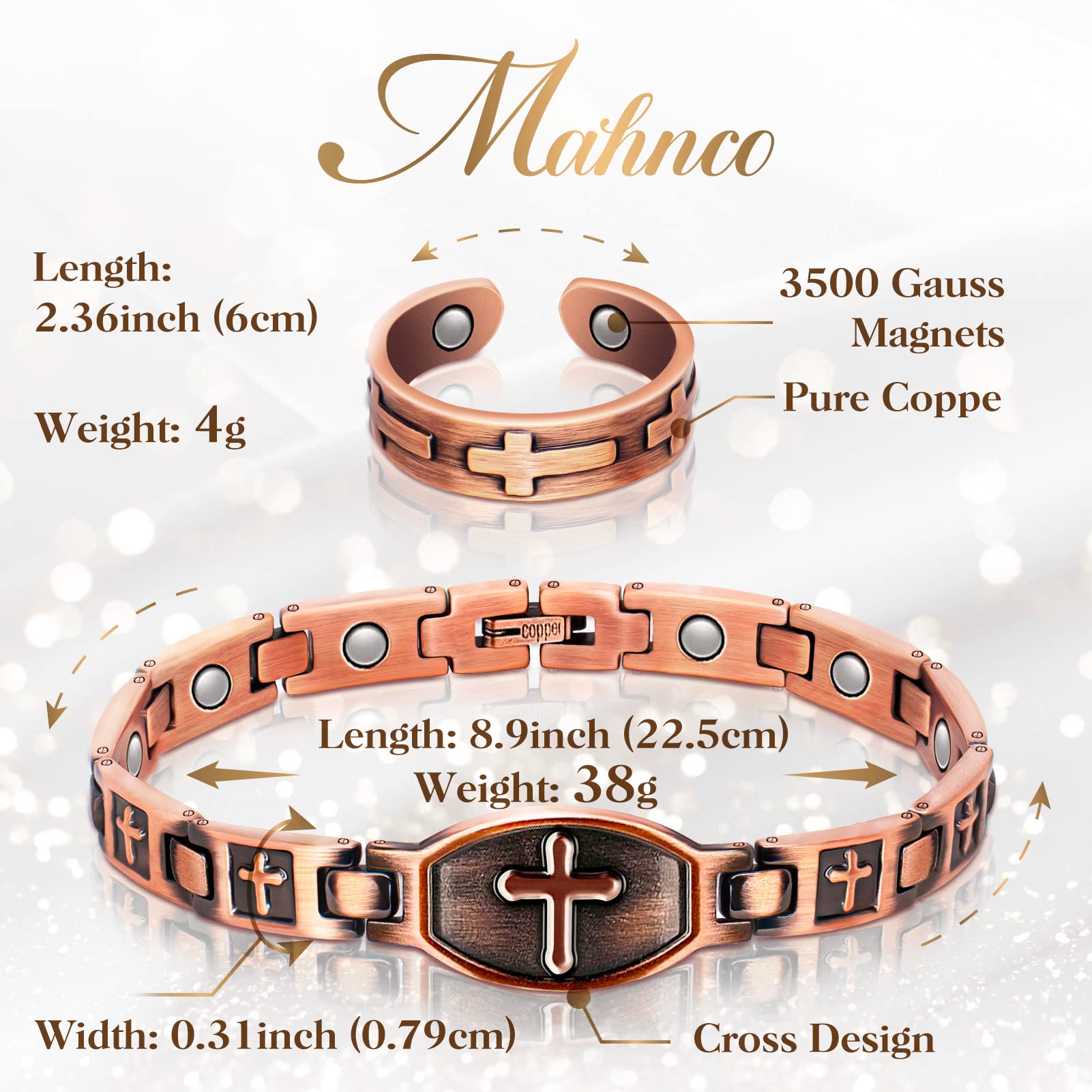 Mahnco bracelet croix en cuivre, design intemporel.