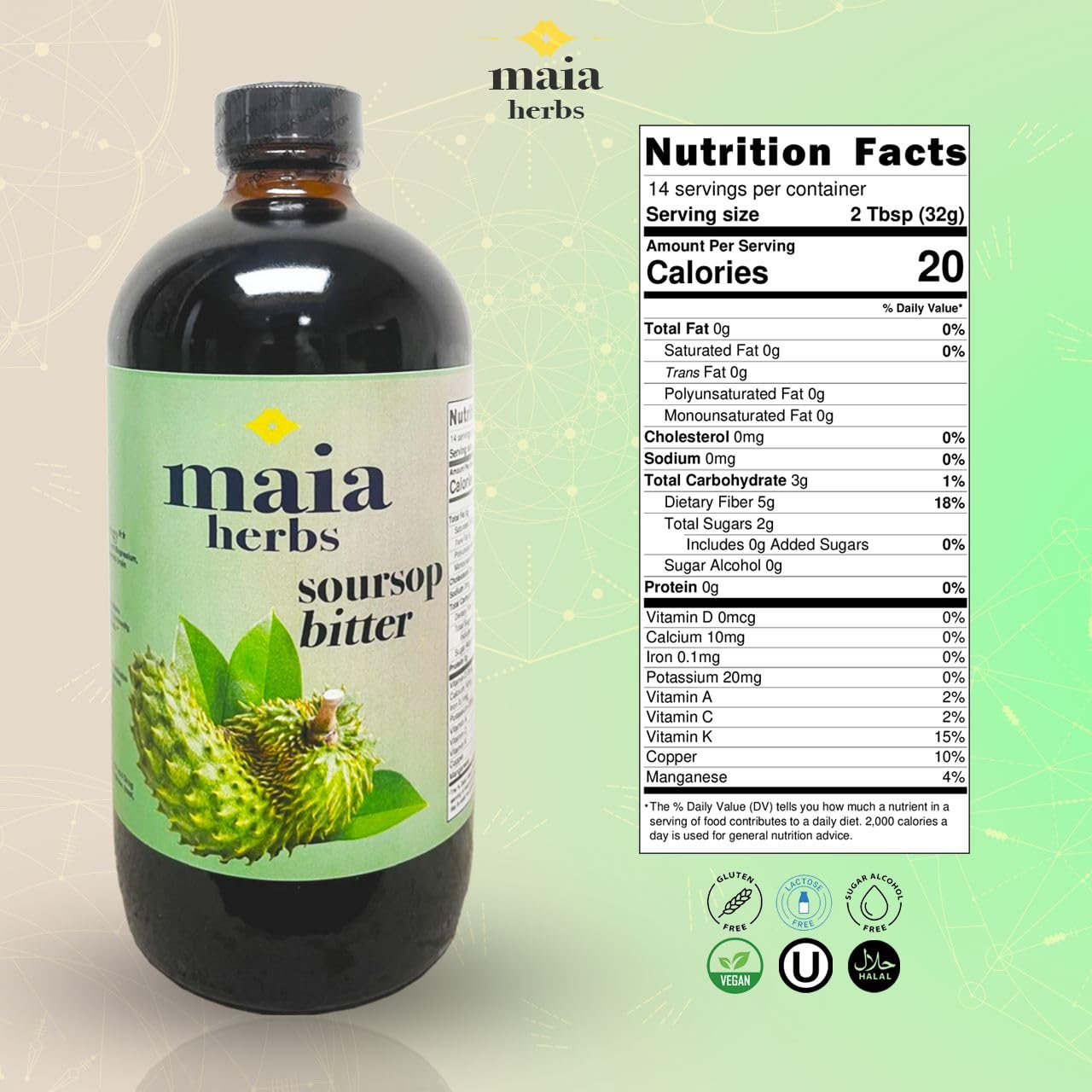 Maia Herbs Bitters Corossol — étiquette élégante et présentation premium.