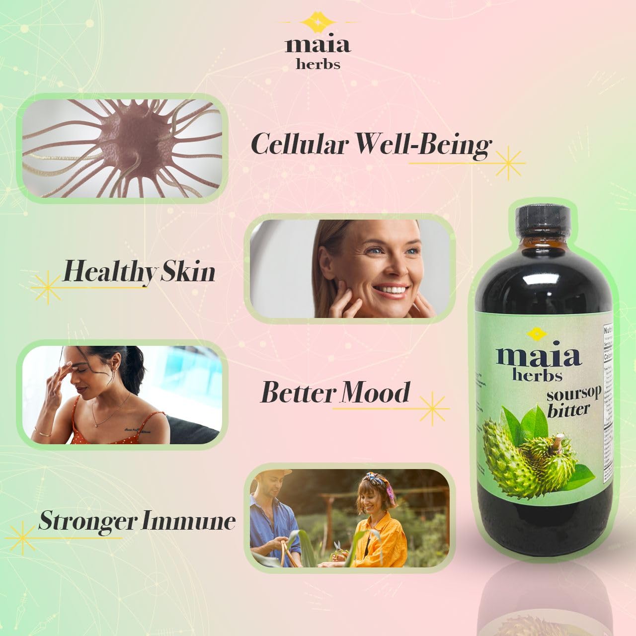 Maia Herbs Bitters Corossol — utilisation polyvalente pour digestion et énergie.