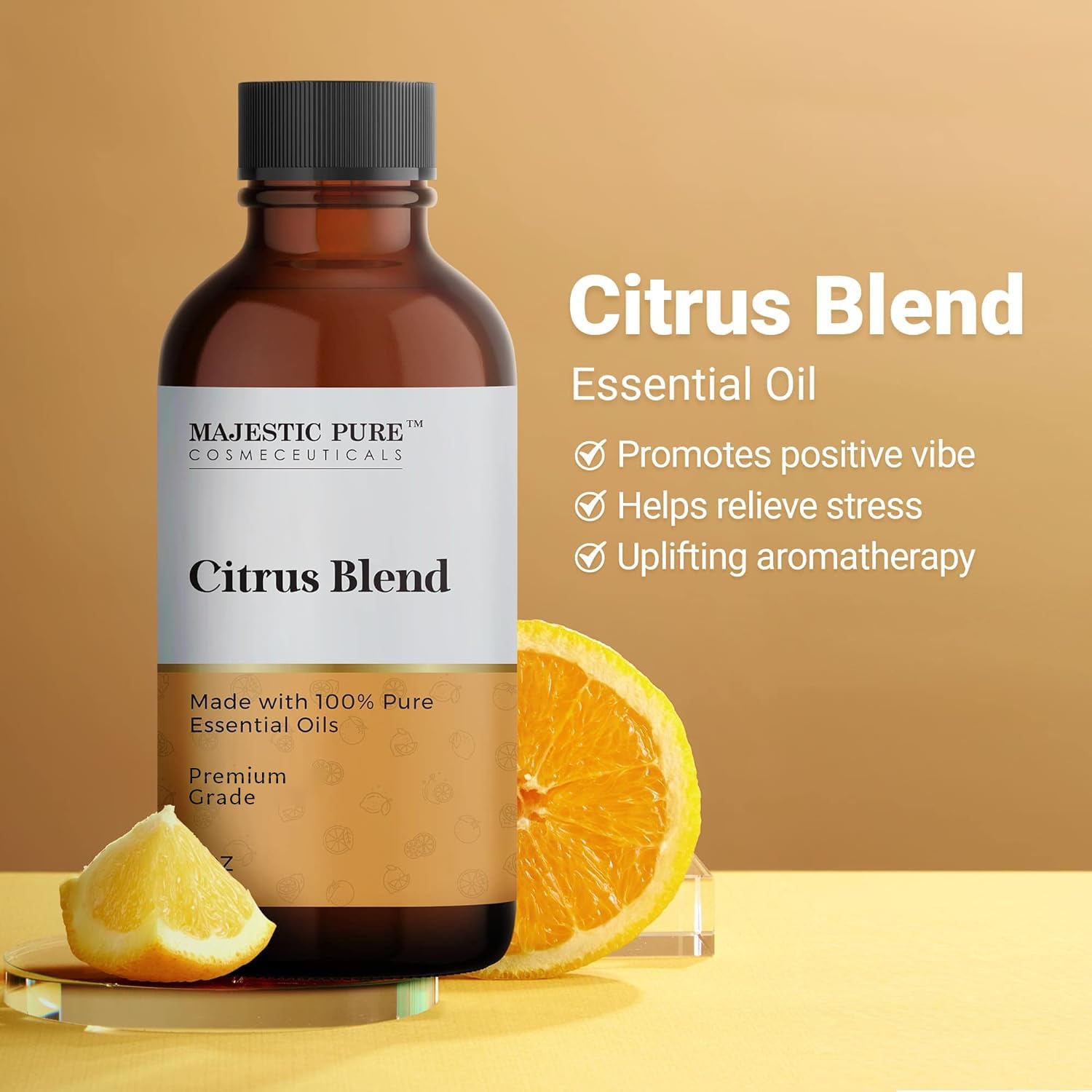Majestic Pure Citrus Oil Blend avec compte-goutte euro pour dosage précis et agréable.