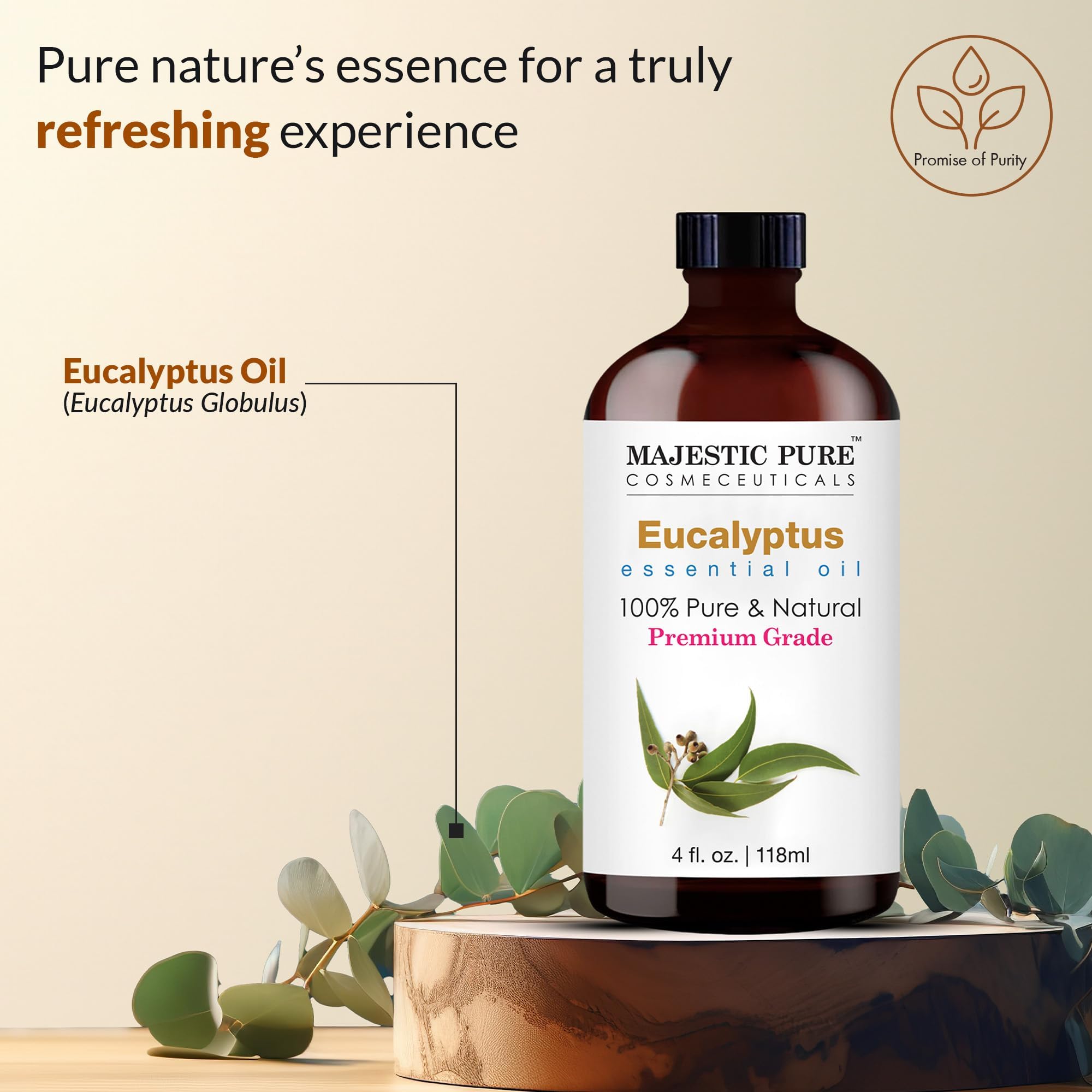Majestic Pure eucalyptus huile – bouteille verre ambré protège contre UV et fraîcheur