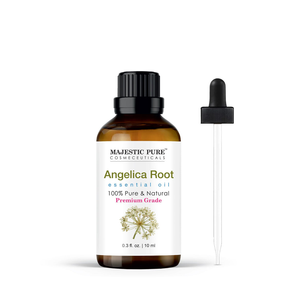 Majestic Pure huile angelique dans bouteille ambrée avec pipette pour dosage précis.