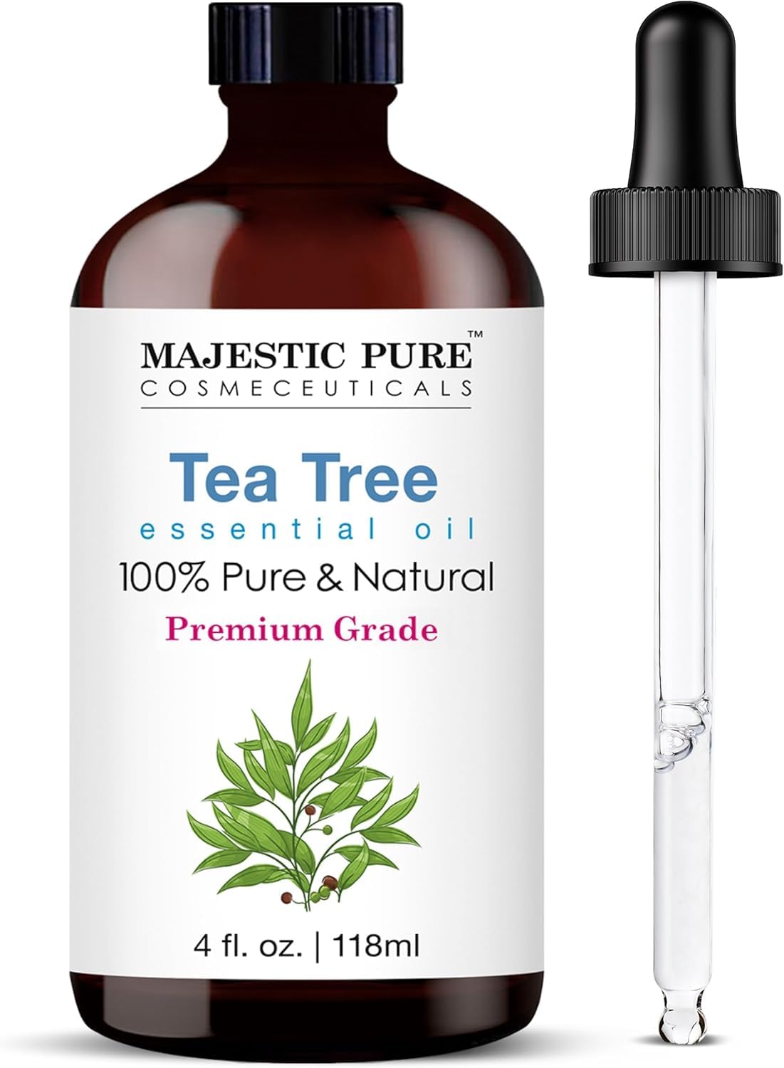 Majestic Pure huile-arbre-a-the en flacon ambré avec pipette pour diffusion contrôlée.