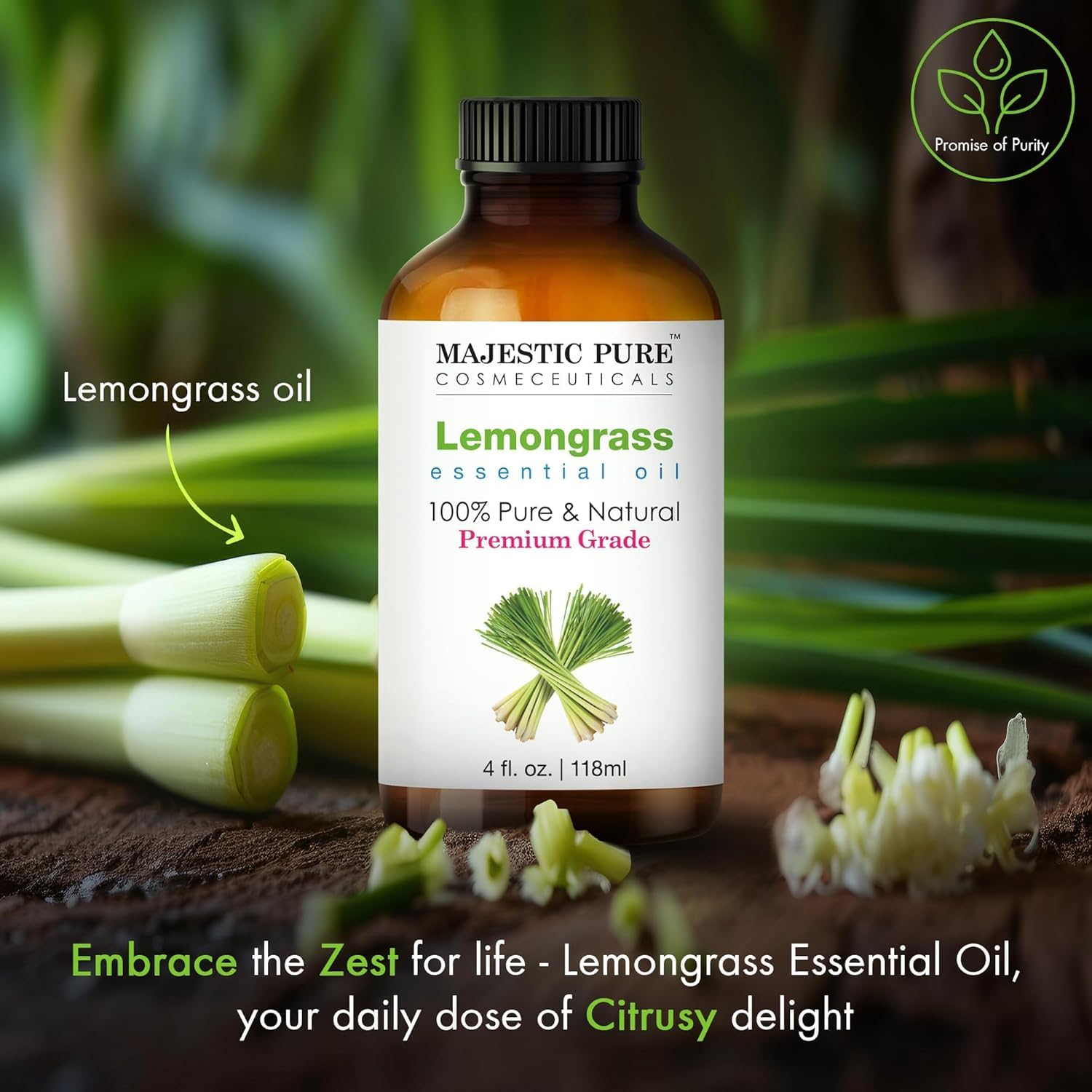 Majestic Pure huile citronnelle en flacon ambré, gouttes faciles pour diffusion constante.