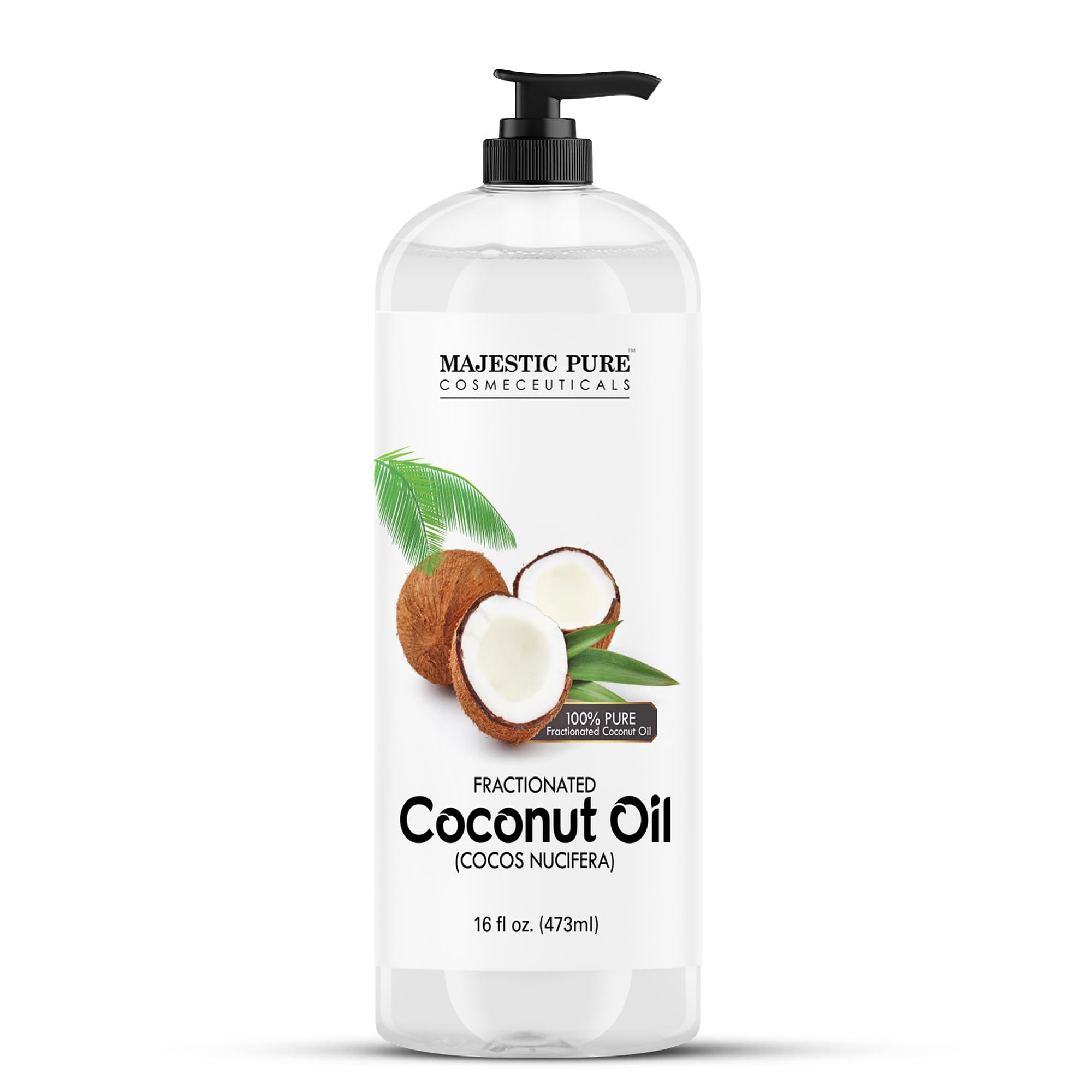 Huile fractionnée Majestic Pure en bouteille, hydratation légère prête à l emploi.