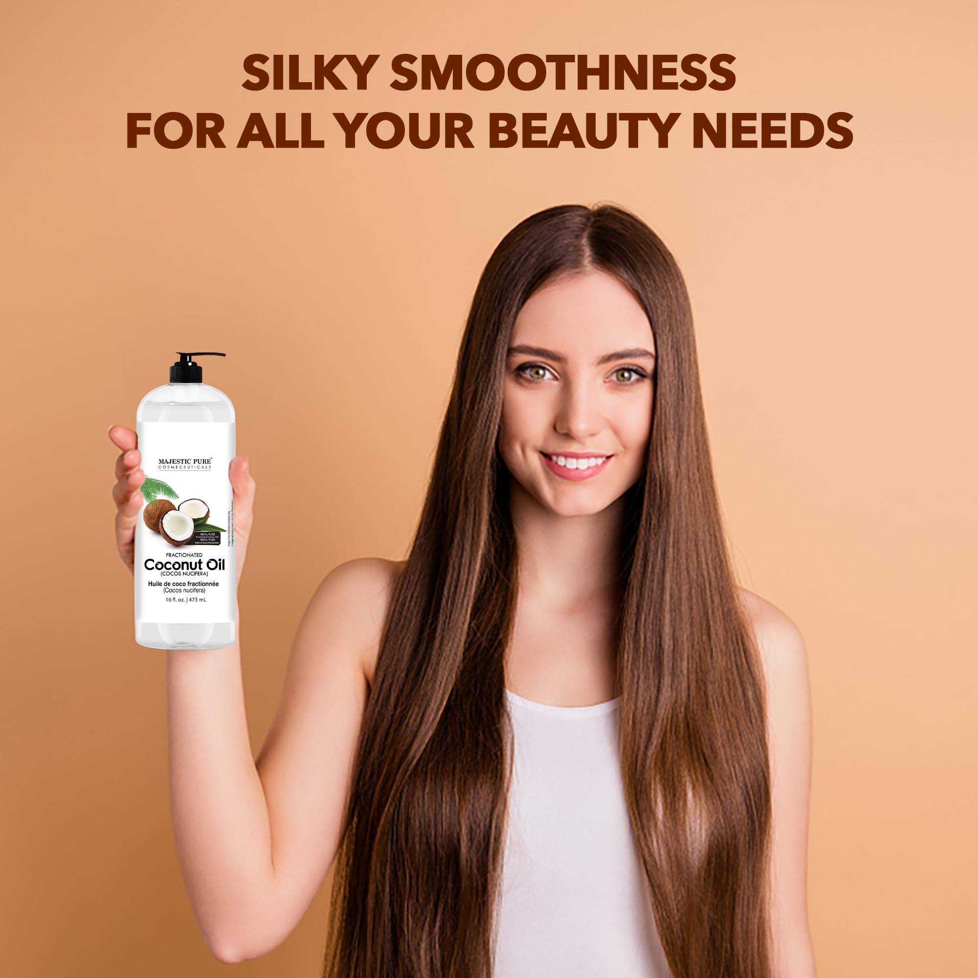 Majestic Pure huile coco fractionnée massage peau, texture légère et absorption rapide.