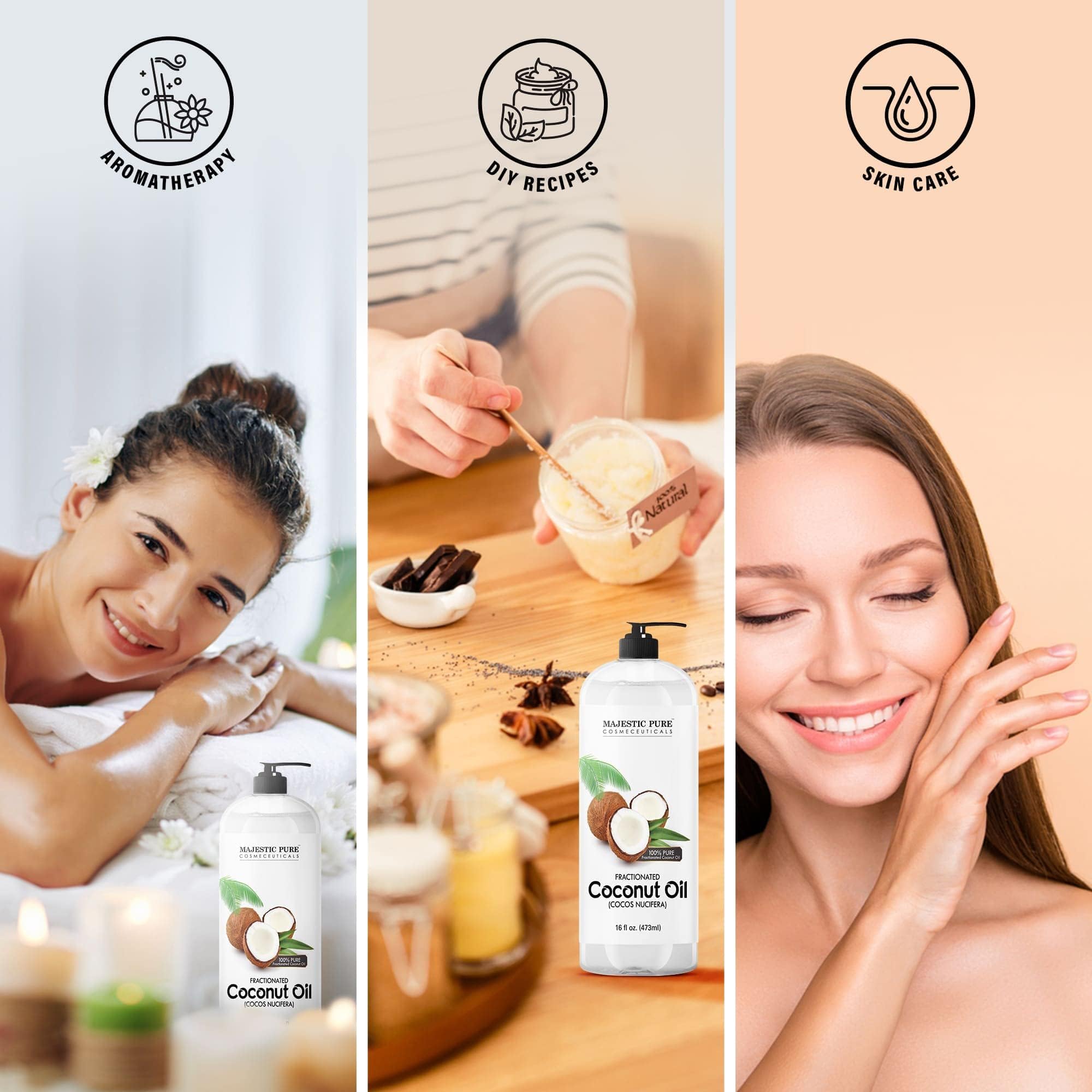 Majestic Pure huile coco fractionnée, facile à mélanger avec d'autres huiles essentielles.