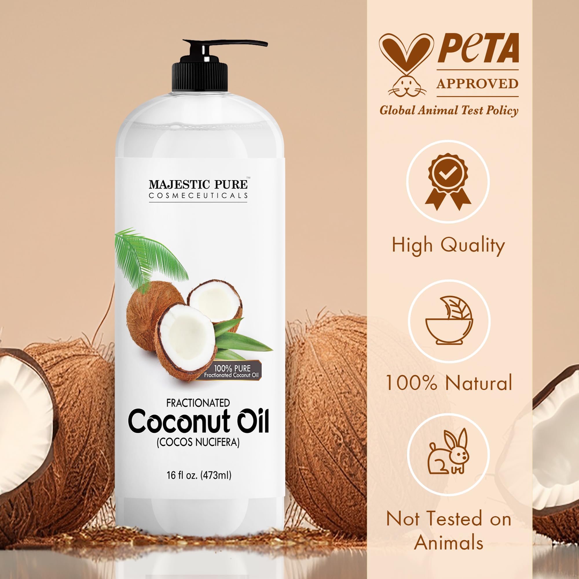 Majestic Pure huile coco fractionnée soin cheveux et lèvres sans gras.