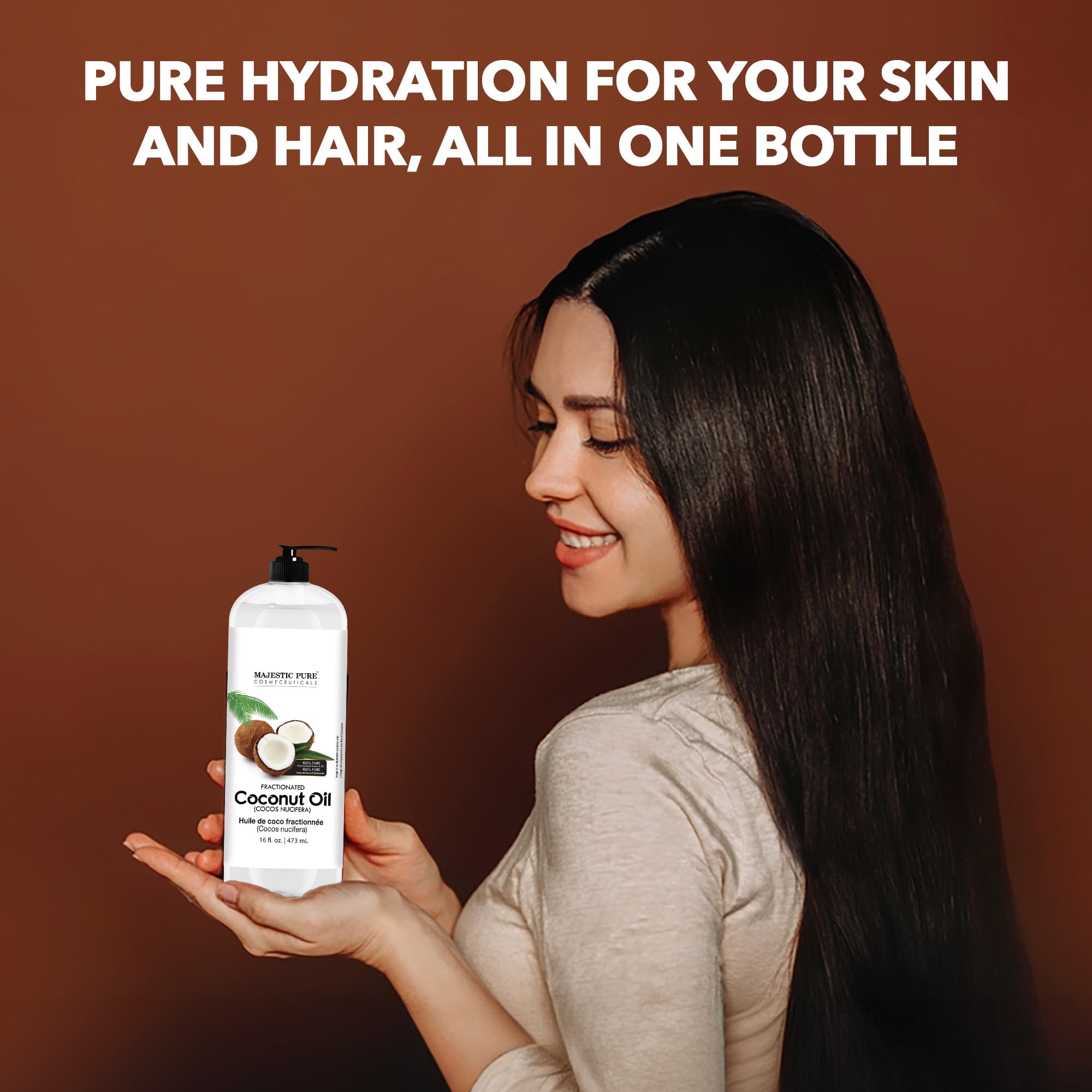 Majestic Pure huile coco fractionnée teinte jaune claire visible lors de l application.