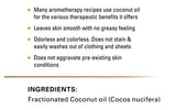 Majestic Pure huile coco fractionnée, utilisation massage relaxant et hydratant sans gras.