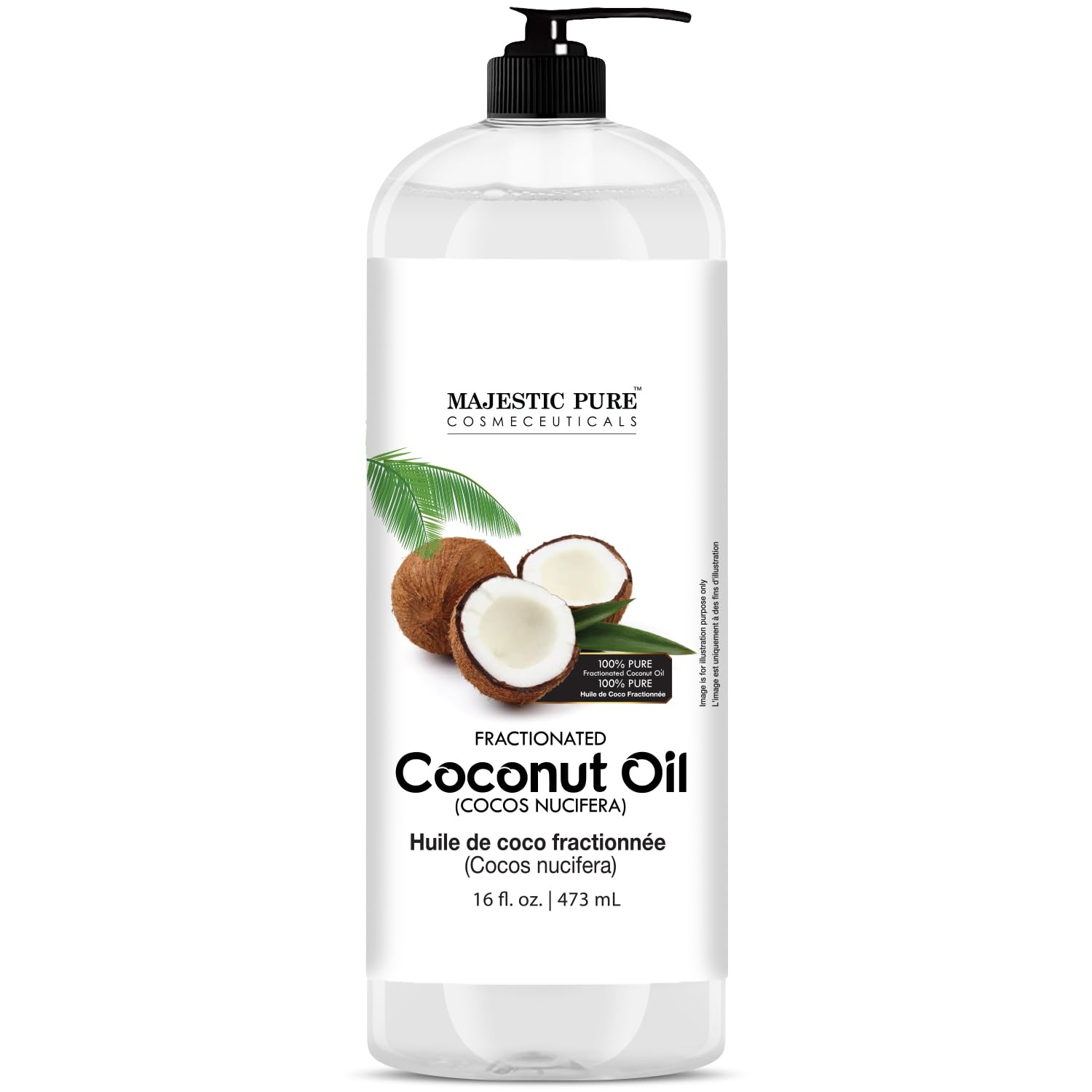 Majestic Pure huile coco fractionnée versment, usage facile pour diluer huiles essentielles.