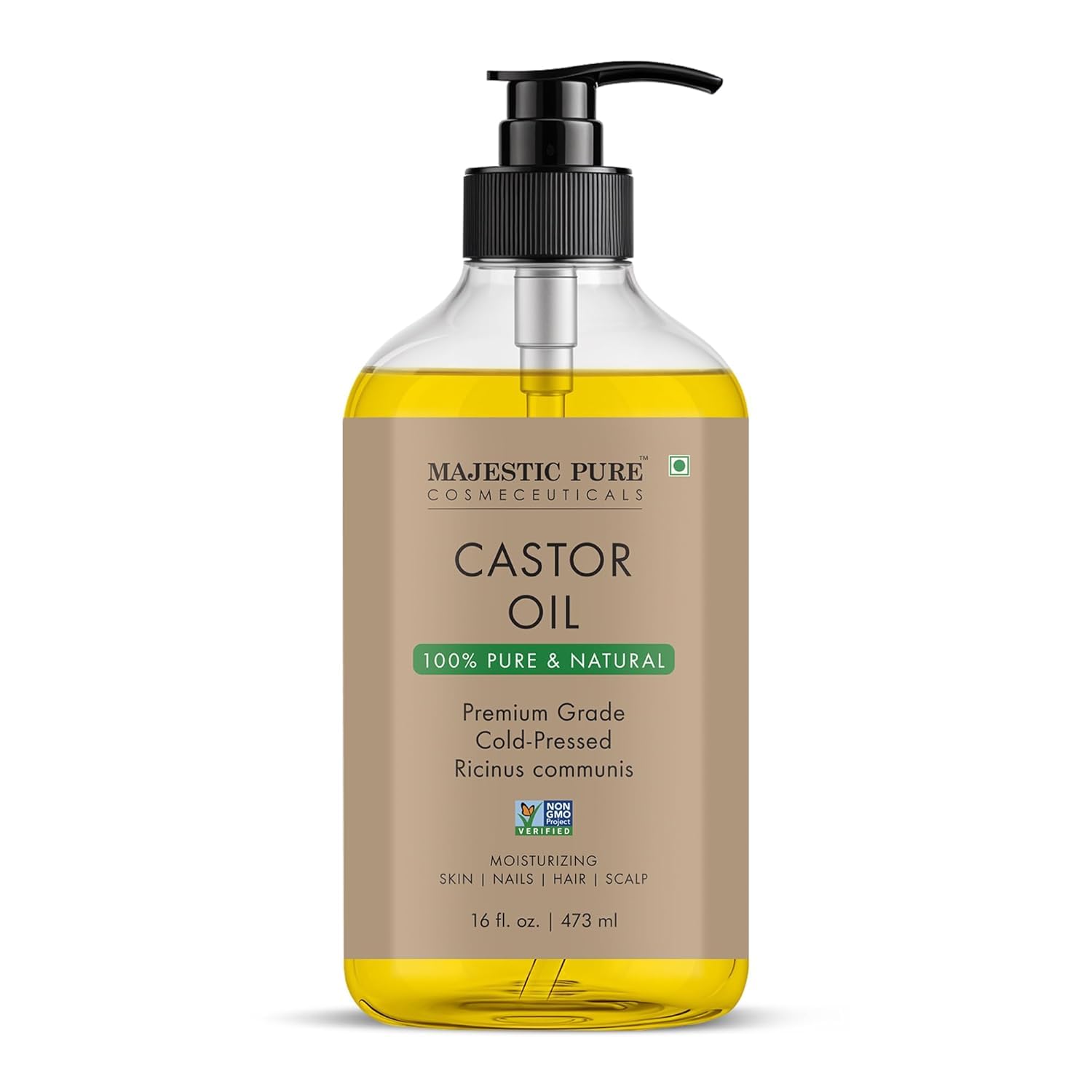 Huile de ricin Majestic Pure dans son flacon, hydratation naturelle.
