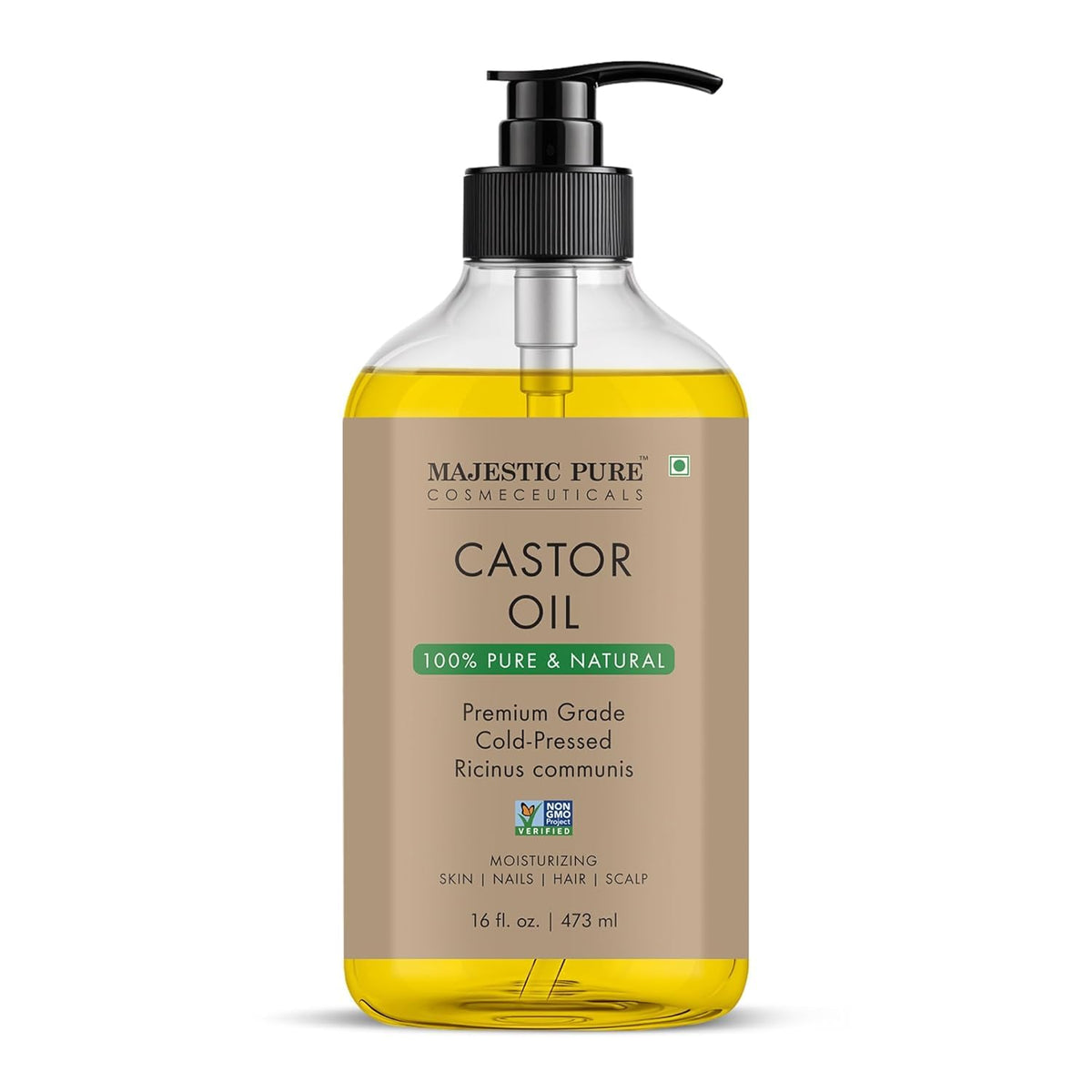 Huile de ricin Majestic Pure dans son flacon, hydratation naturelle.