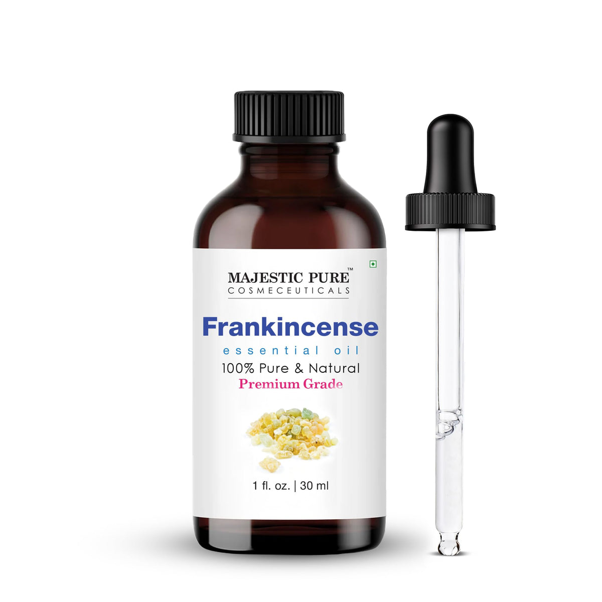 Majestic Pure huile d’encens dans bouteille-verre-ambre, diffusion douce recommandée.
