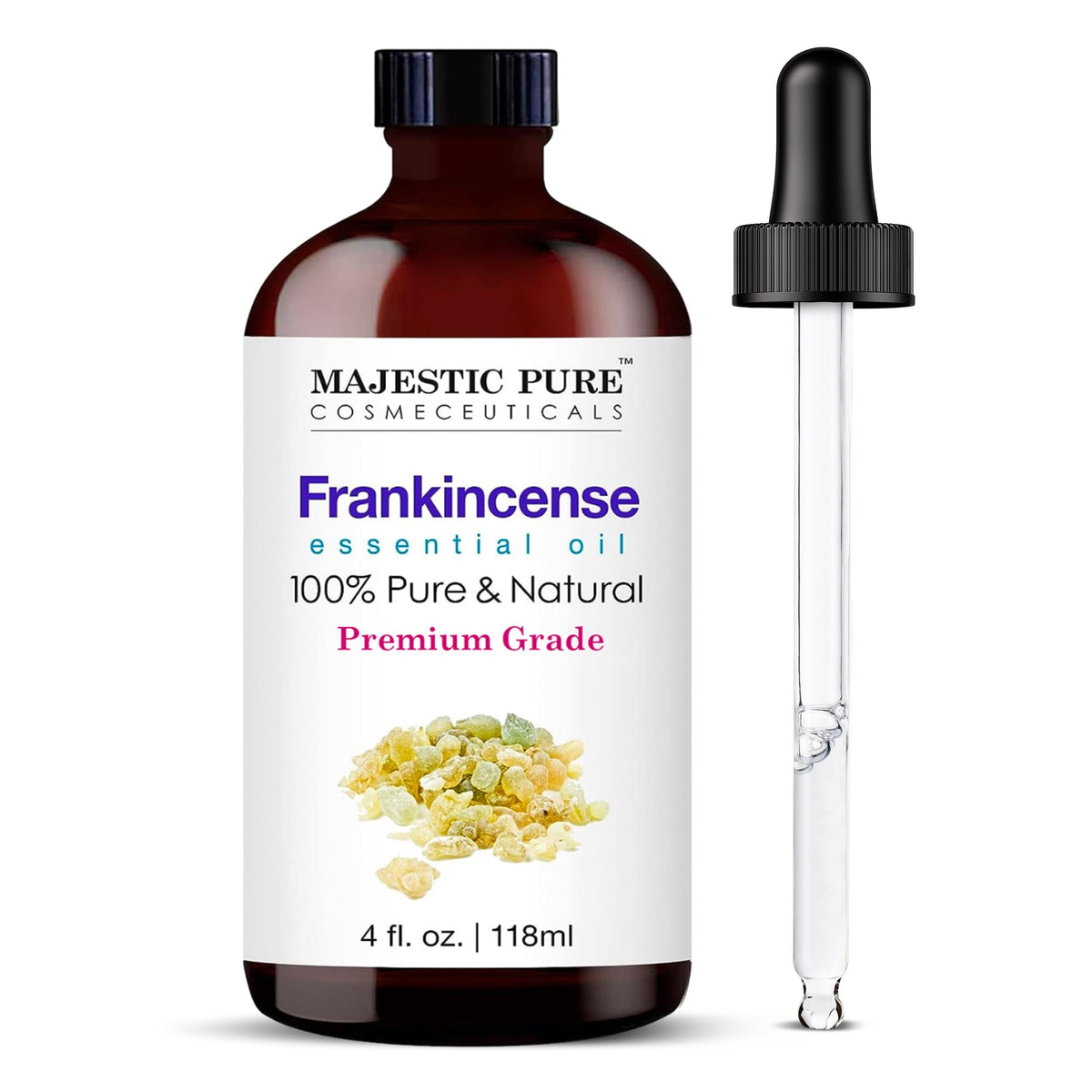 Majestic Pure huile essentielle d encens, bouteille ambrée et pipette pour diffusion précise.