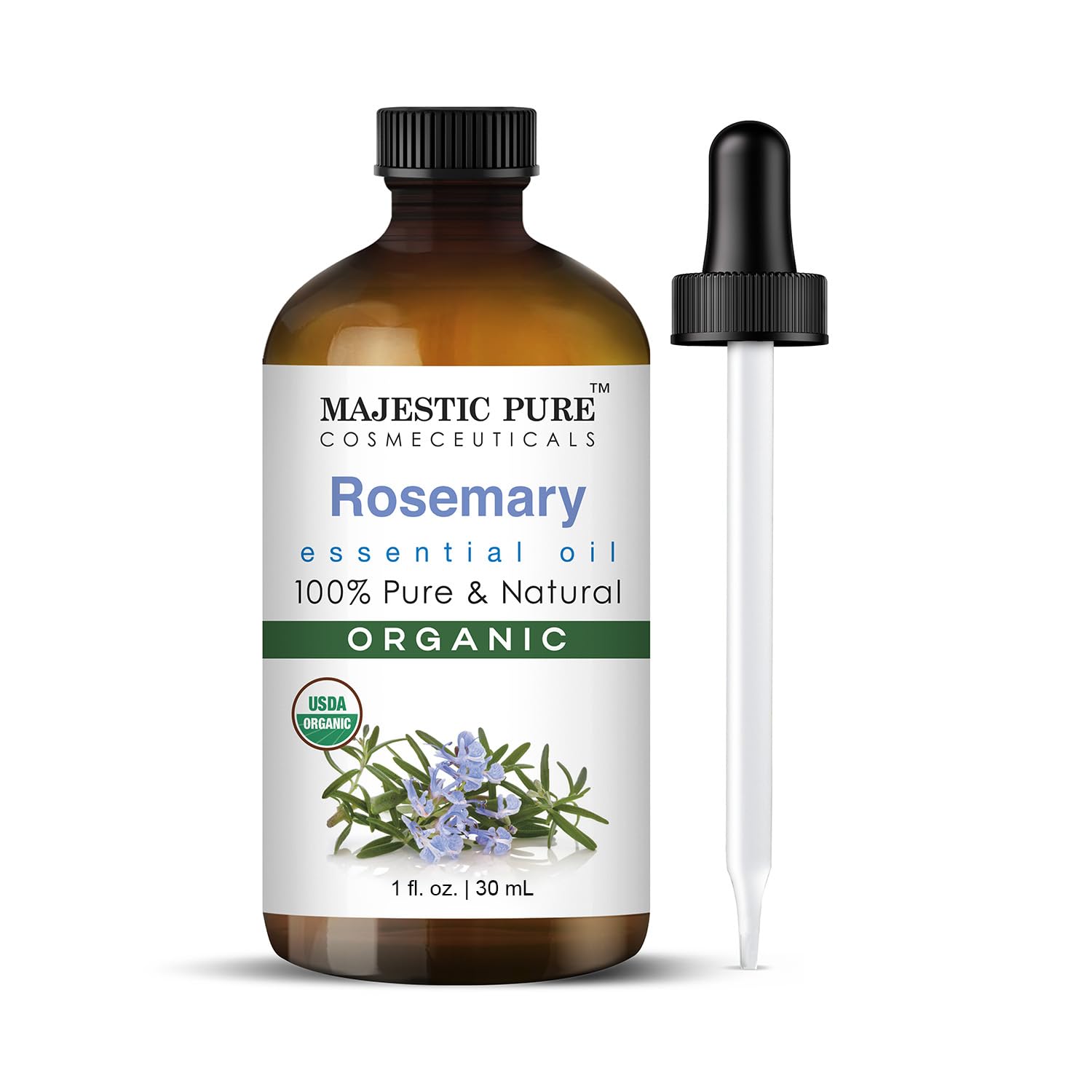 Majestic Pure huile essentielle de romarin, bouteille ambrée prête pour diffusion et rituel aromatique.