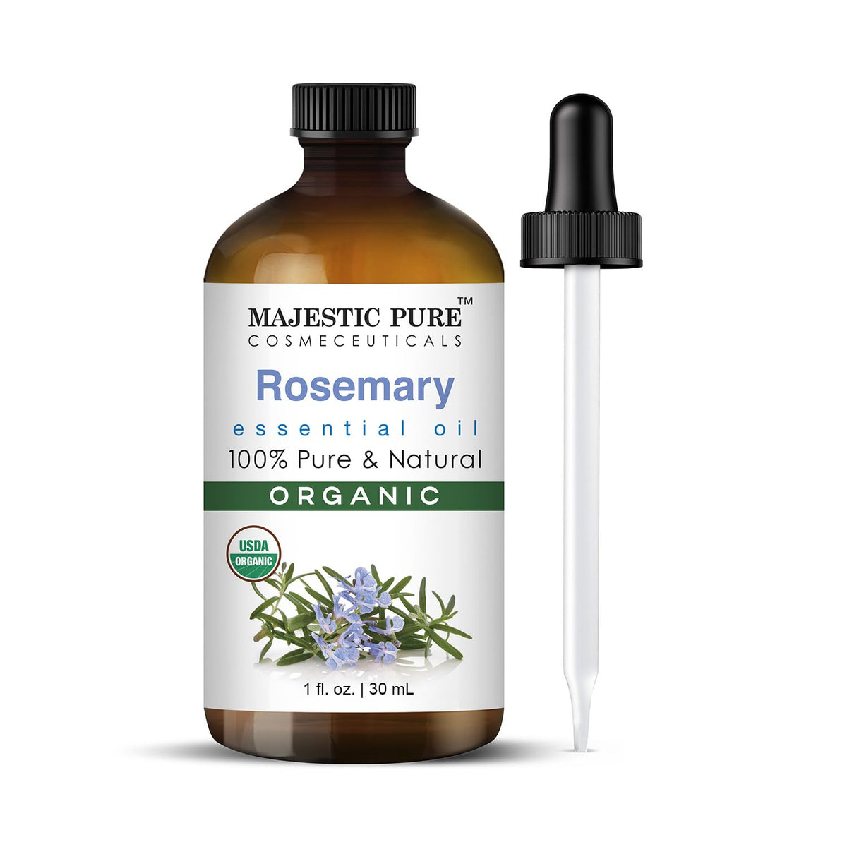 Majestic Pure huile essentielle de romarin, bouteille ambrée prête pour diffusion et rituel aromatique.