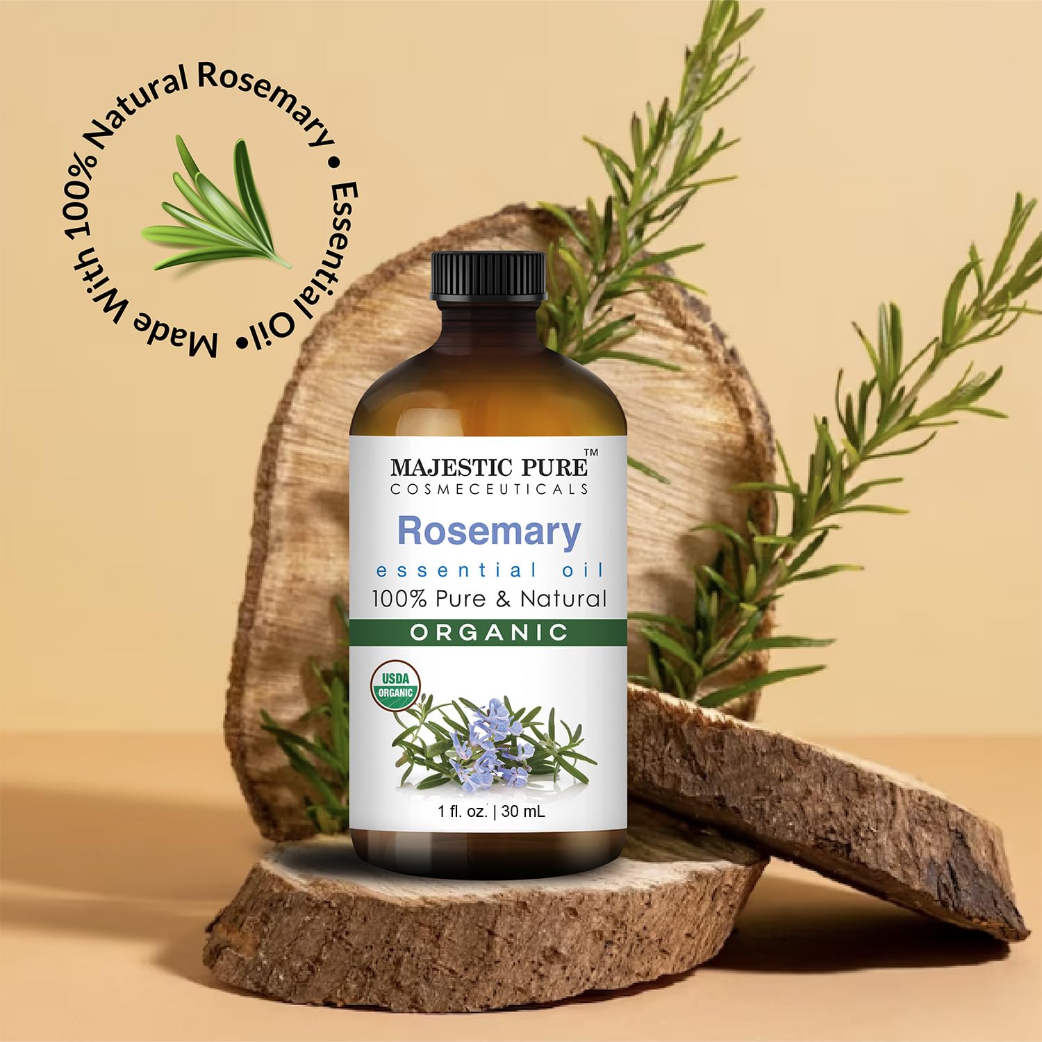 Majestic Pure huile essentielle romarin, compte-gouttes pratique pour dosage précis et diffusion.