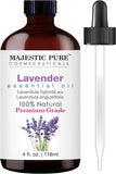 Huile essentielle Majestic Pure lavande dans bouteille ambrée avec dropper pour diffusion précise.