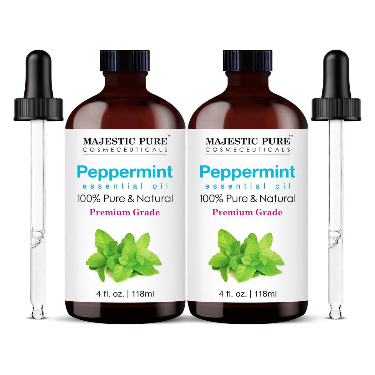 Huile Menthe Poivrée Majestic Pure dans bouteille en verre ambré, protection contre la lumière.