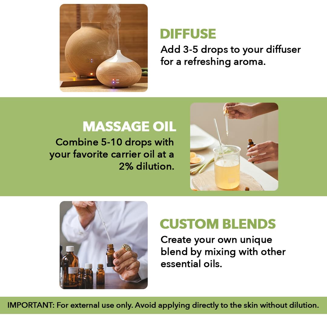 Utilisation dans diffuseur et bougies, fragrance légère et vivifiante.
