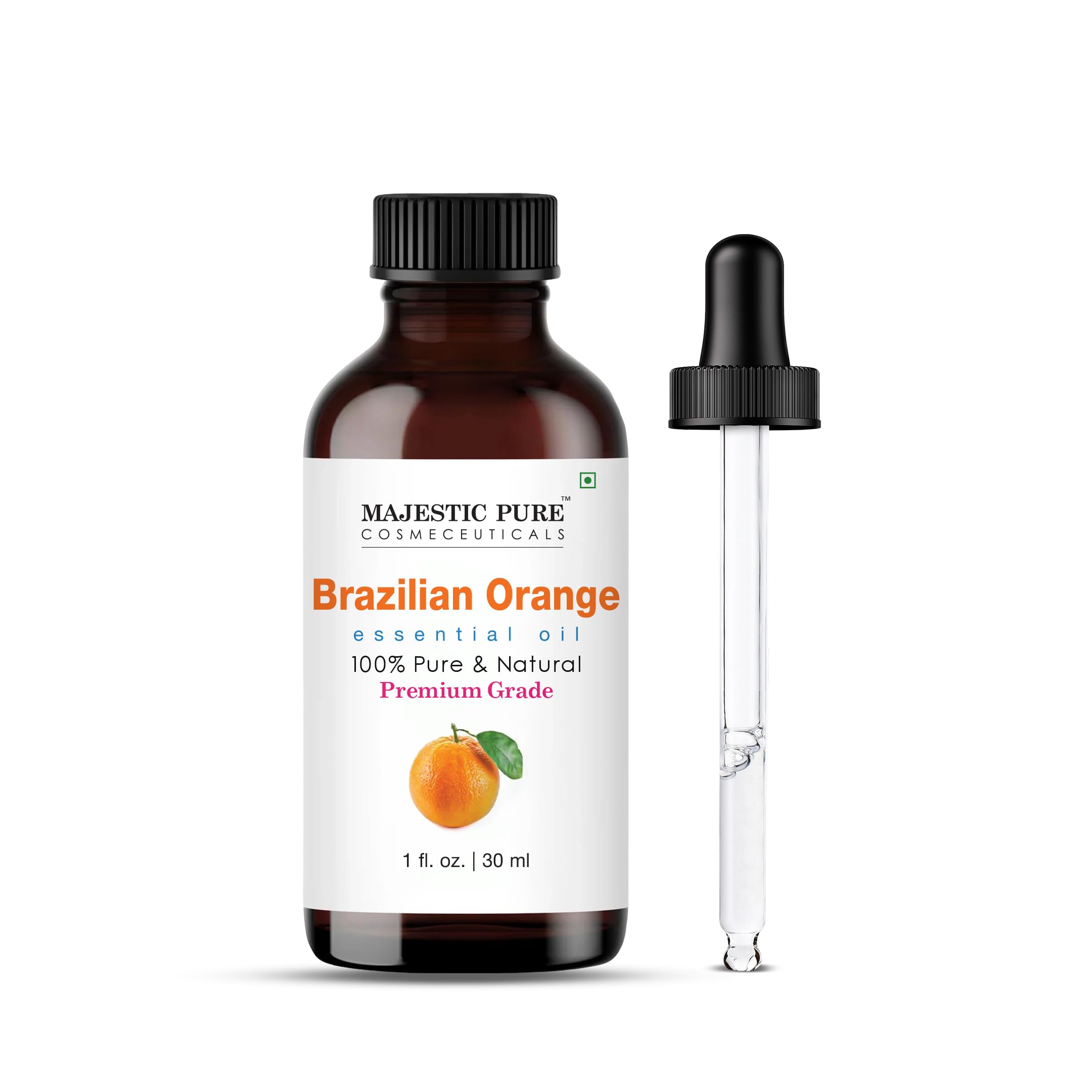 Huile d'orange brésilienne Majestic Pure dans flacon ambré, diffusion aromatique possible.