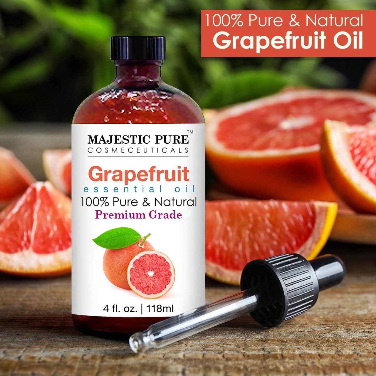 Goutteur intégré sur le flacon Majestic Pure huile pamplemousse pour utilisation facile.