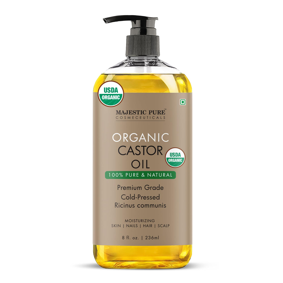 Majestic Pure huile de ricin bio en bouteille – porteuse naturelle pour soins capillaires