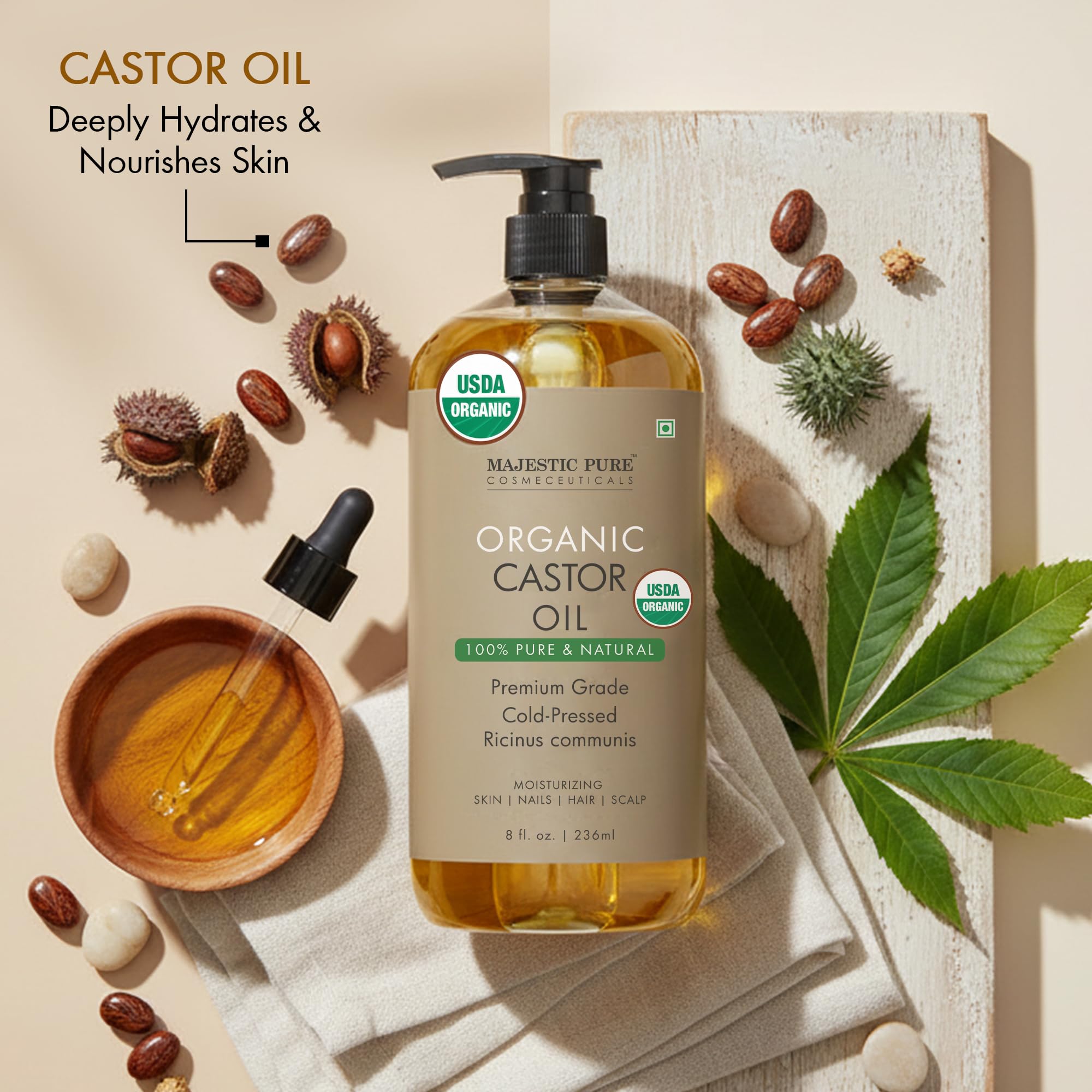 Majestic Pure huile de ricin — soin peau et corps hydratant