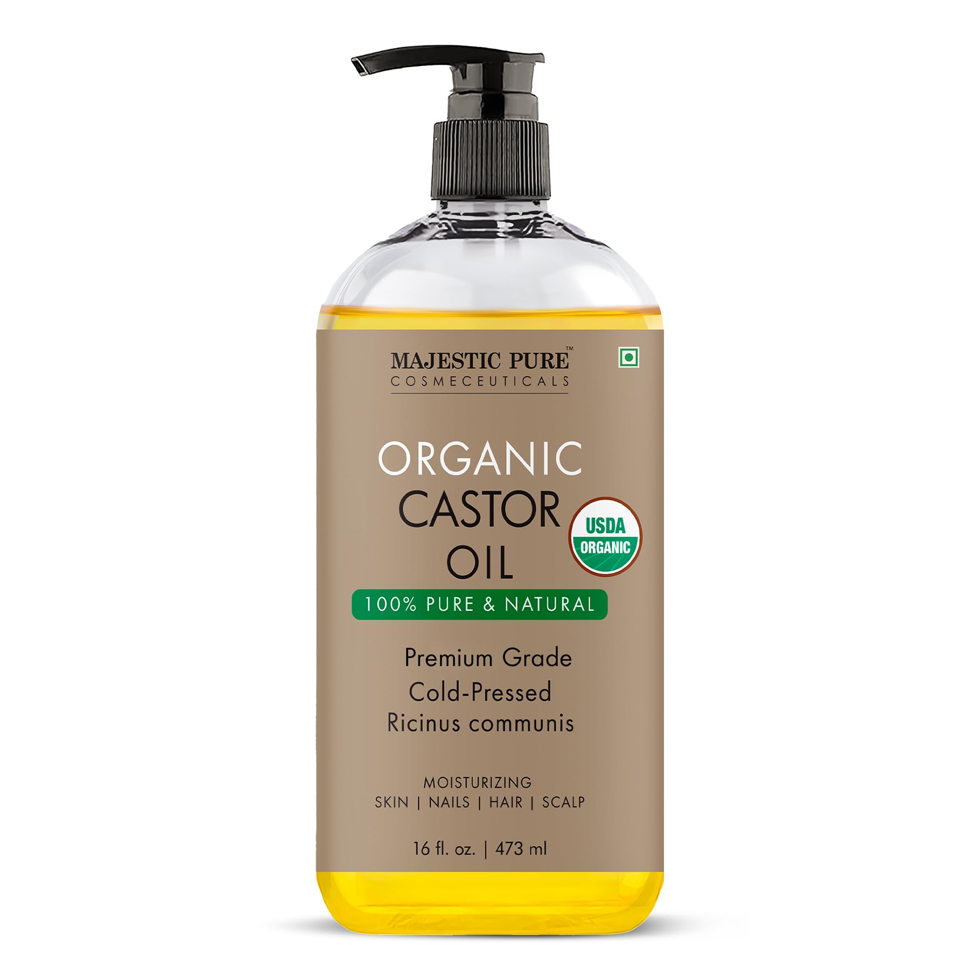 Majestic Pure huile de ricin en bouteille plastique, usage polyvalent en aromathérapie