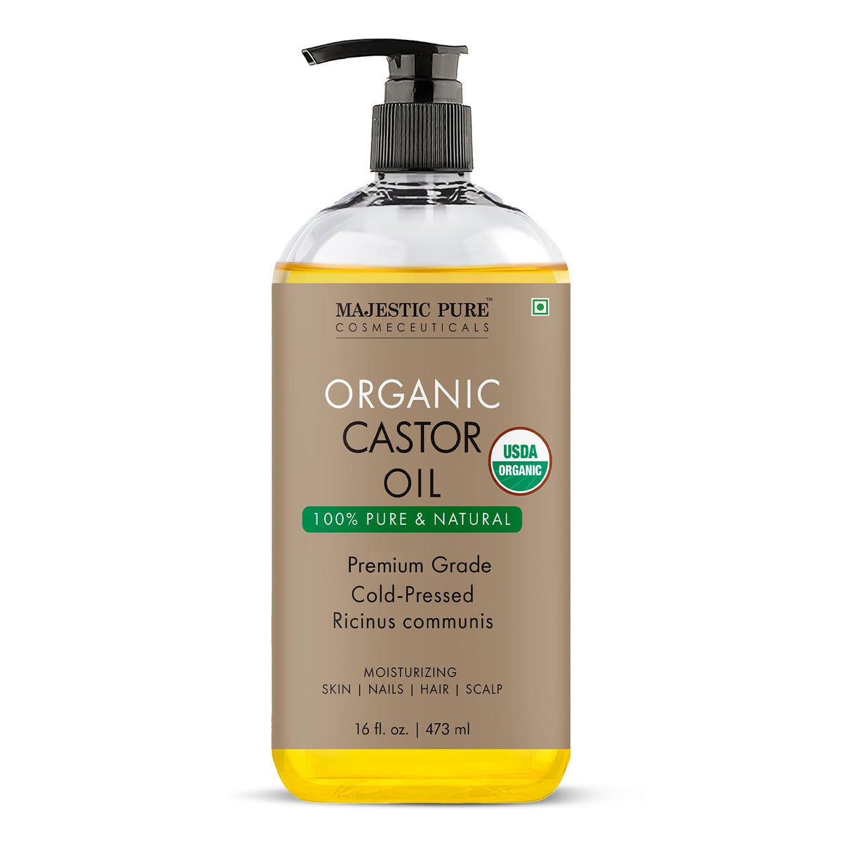 Majestic Pure huile de ricin en bouteille plastique, usage polyvalent en aromathérapie