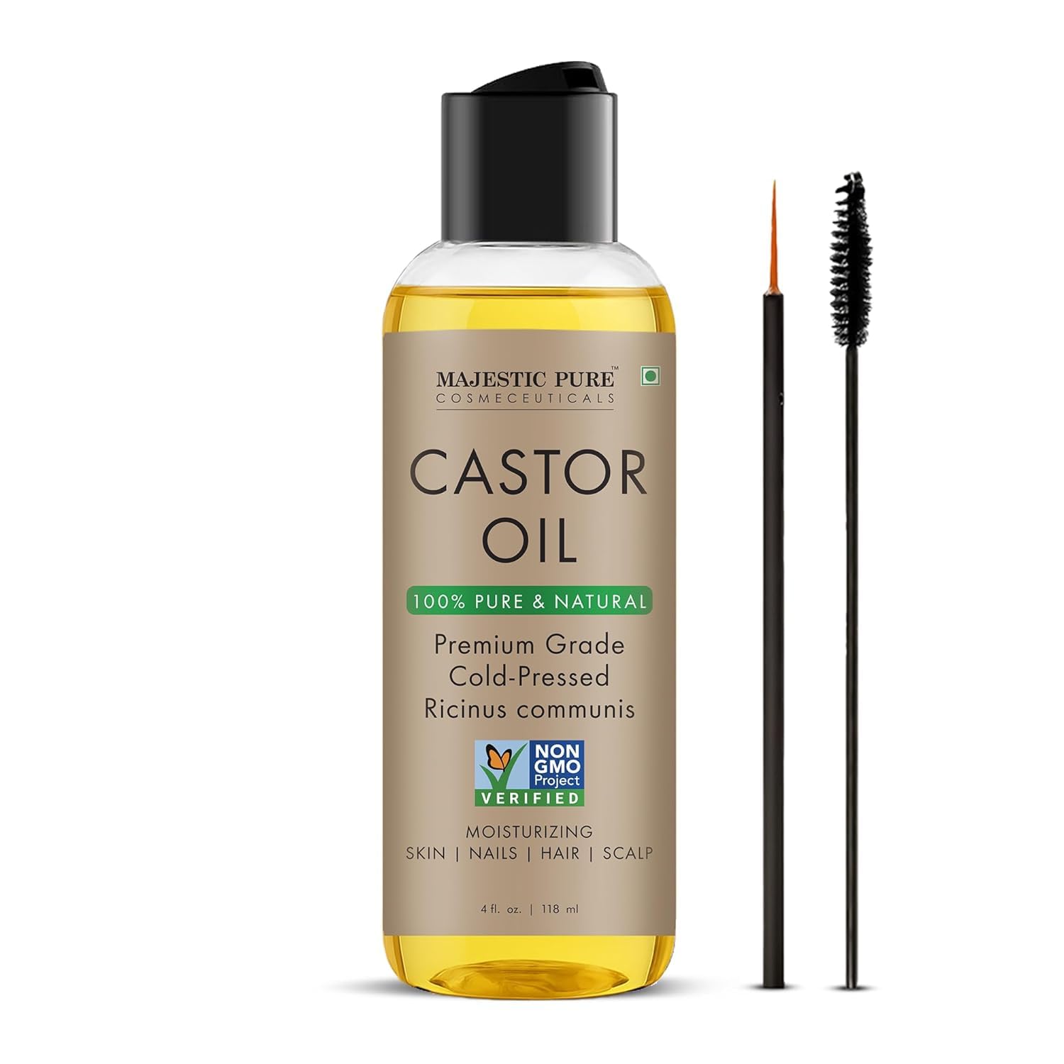 Majestic Pure huile de ricin, bouteille pompe, hydratation pratique pour peau et cheveux.