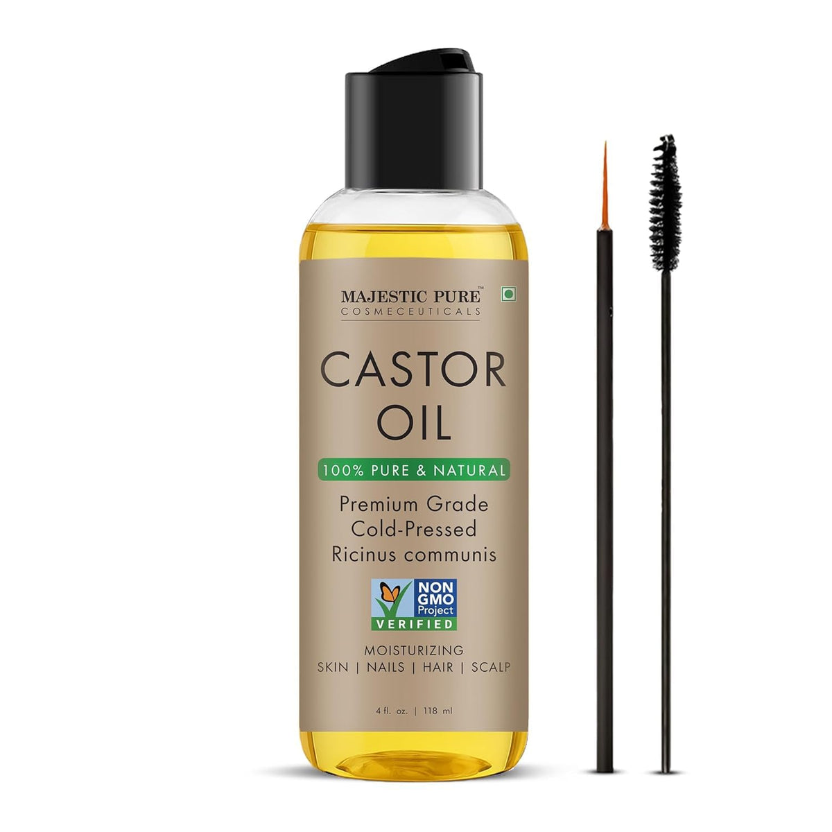 Majestic Pure huile de ricin, bouteille pompe, hydratation pratique pour peau et cheveux.