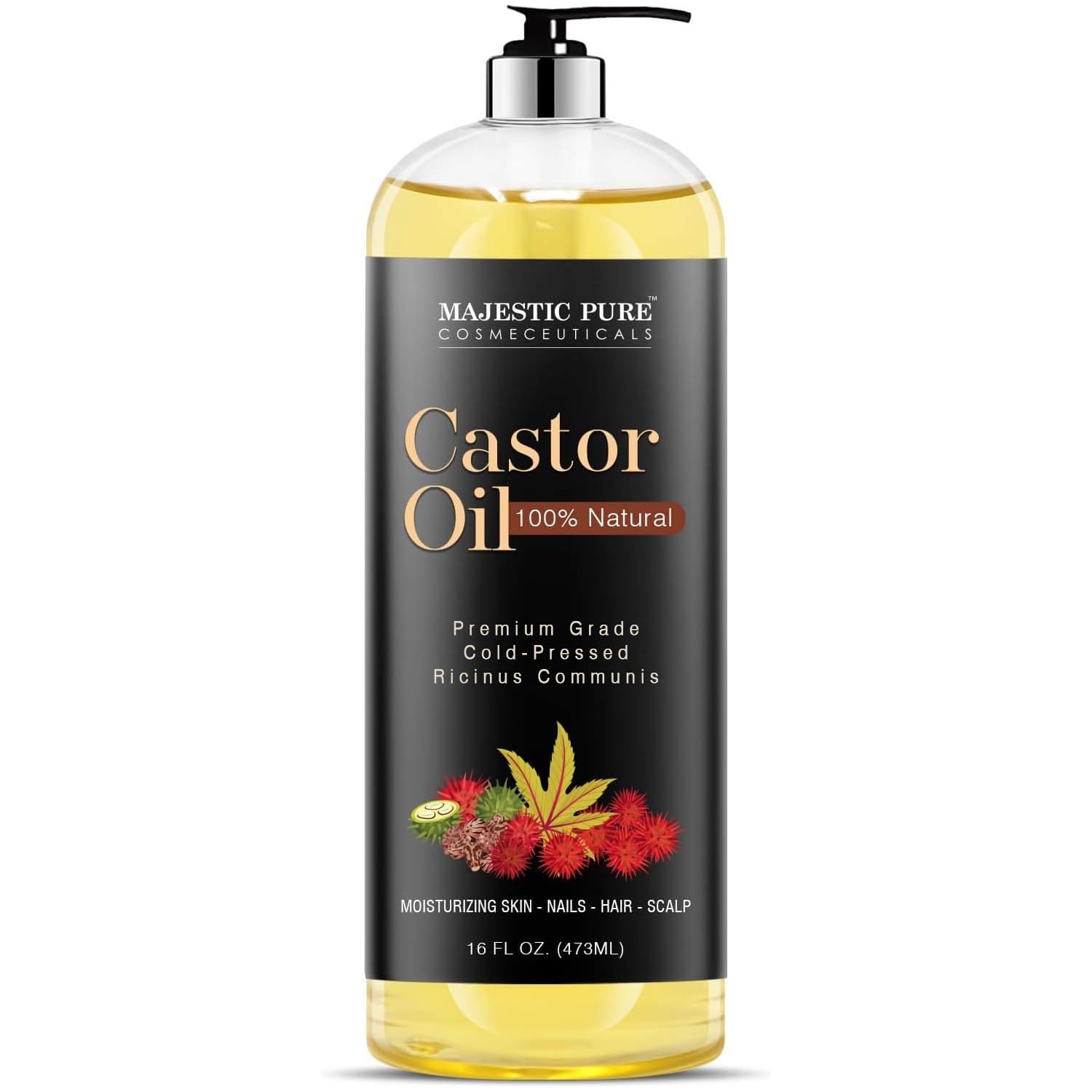 Majestic Pure huile de ricin en bouteille prête à l'emploi pour cheveux.