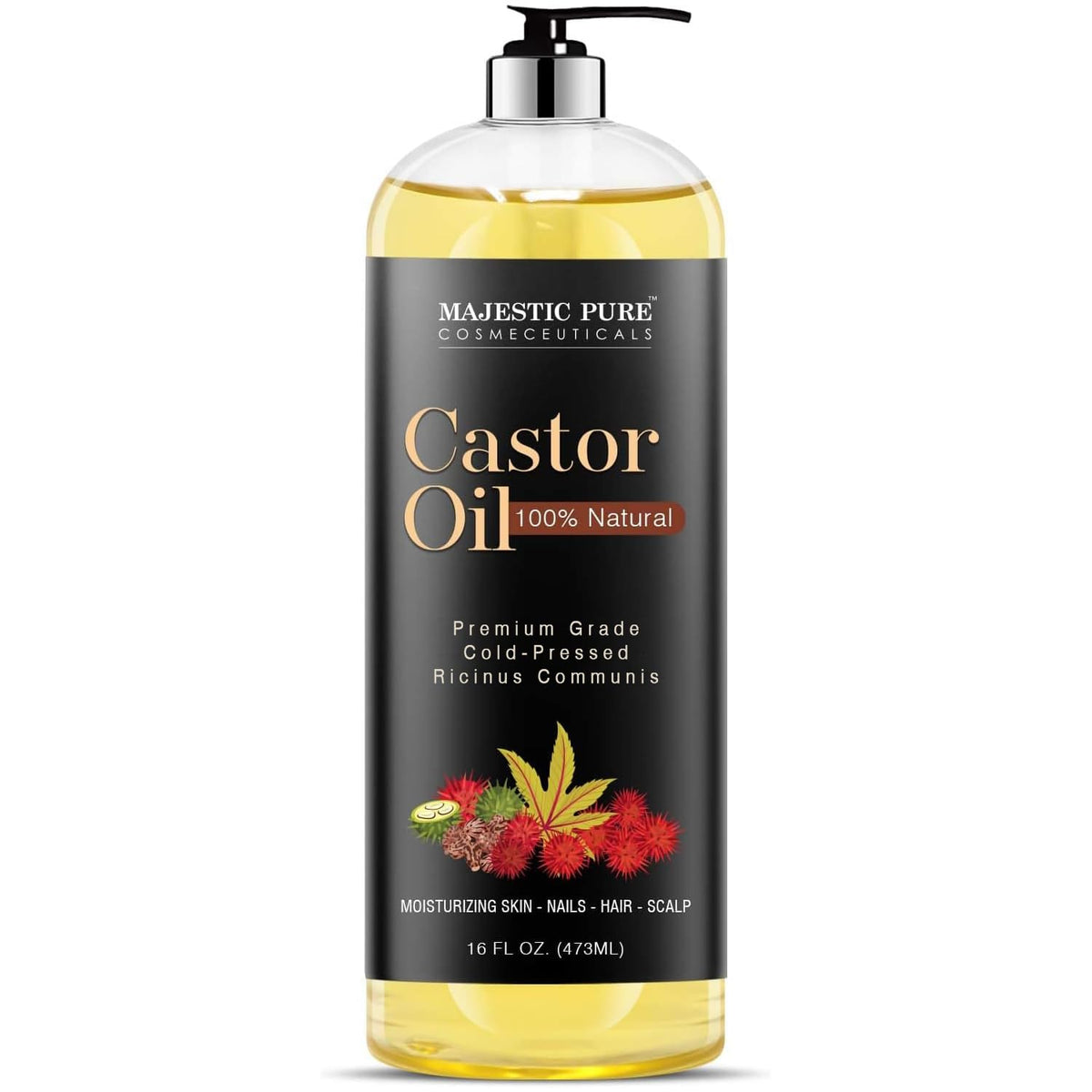 Majestic Pure huile de ricin en bouteille prête à l'emploi pour cheveux.