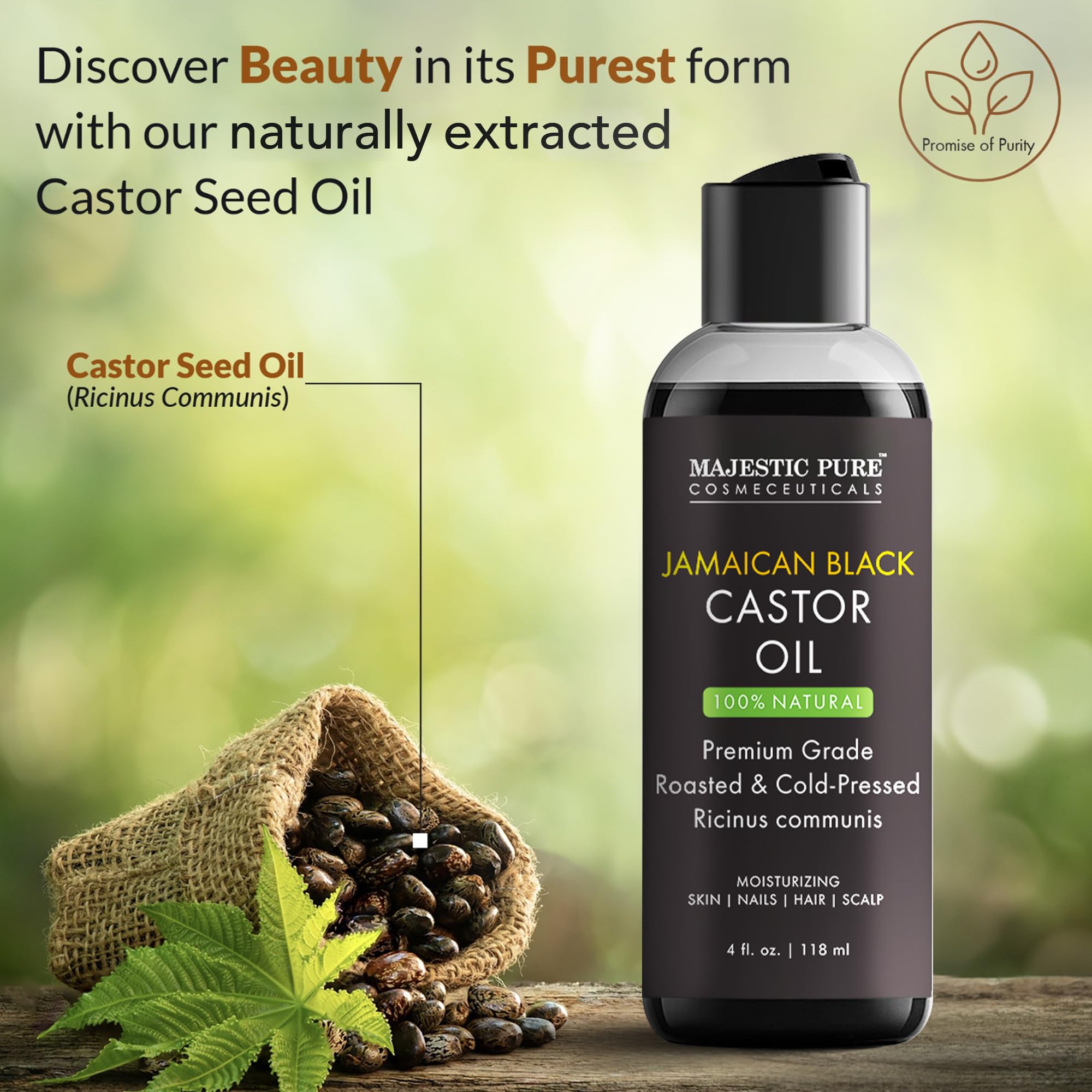 Huile ricin noire Majestic Pure sur cheveux, brillance et douceur.