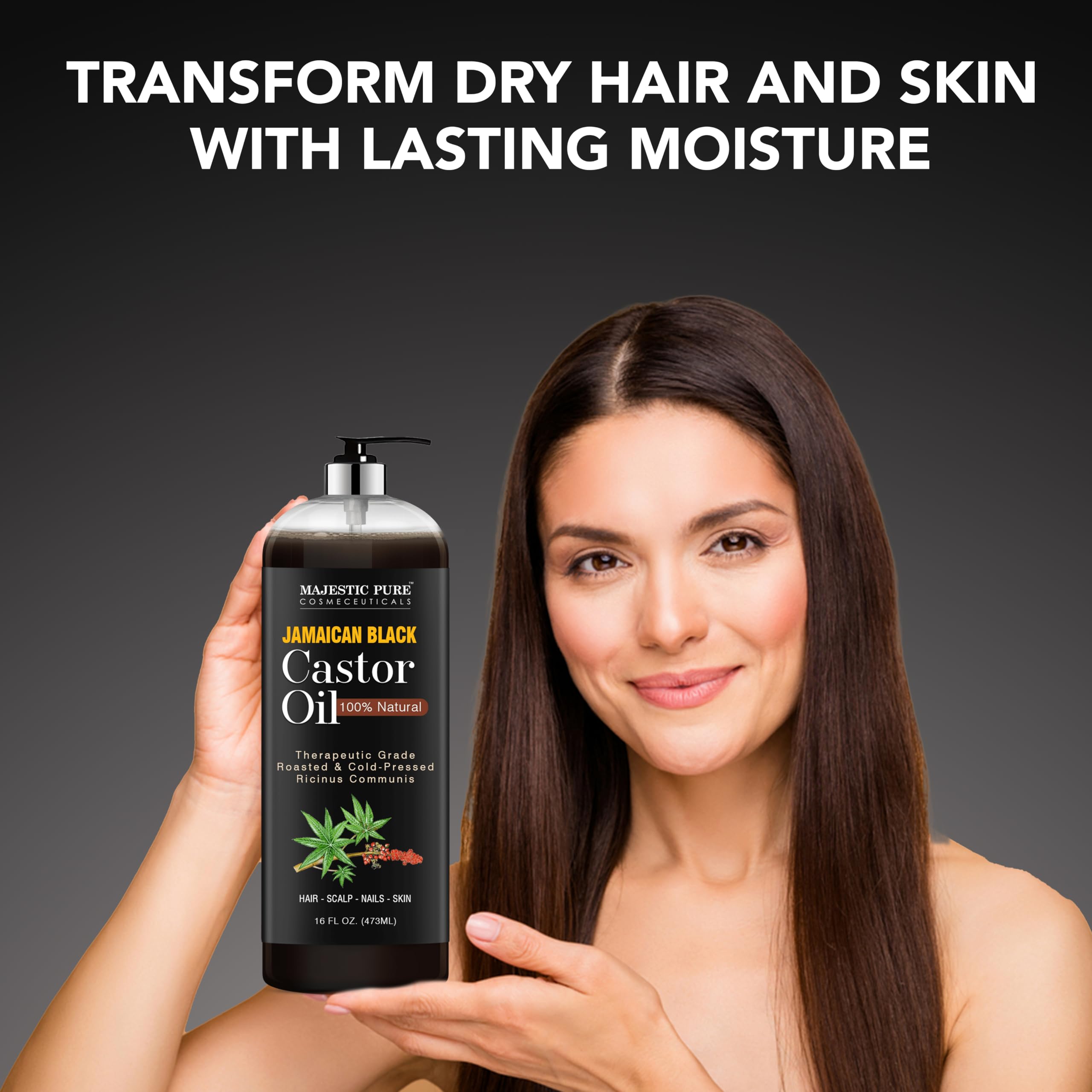 Majestic Pure Huile Ricin Noire Jamaïcaine - application sur cheveux nourris et brillants.